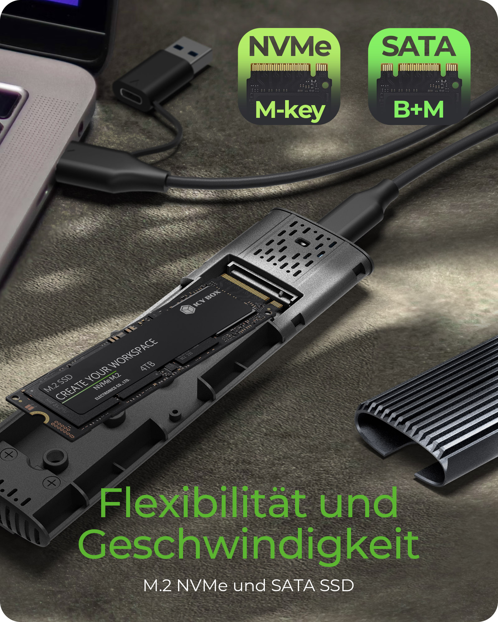 M.2 NVMe & SATA SSD Gehäuse mit USB Type-C®
