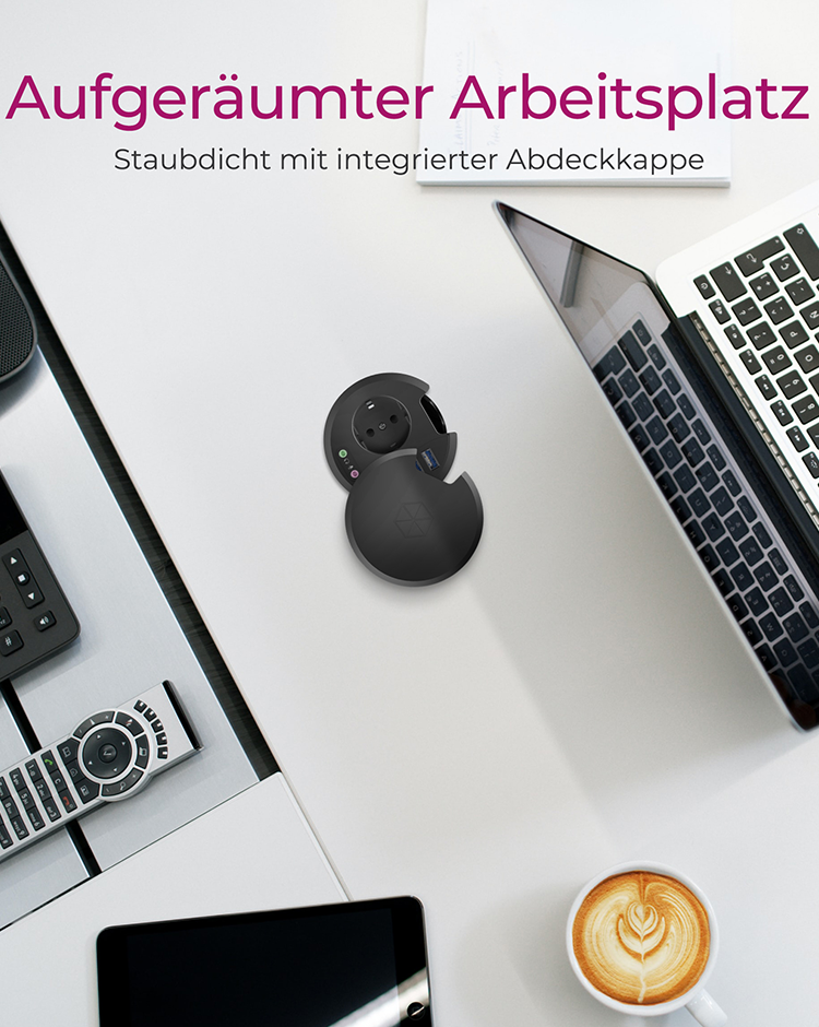 4 Port Tisch-Hub mit USB Type-A Anschluss, Audio Ein-/Ausgang und EU Steckdose