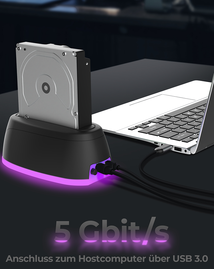 Dockingstation für 1x HDD/SSD mit USB 3.0 Type-A oder Type-C® Combo Kabel und LED Beleuchtung