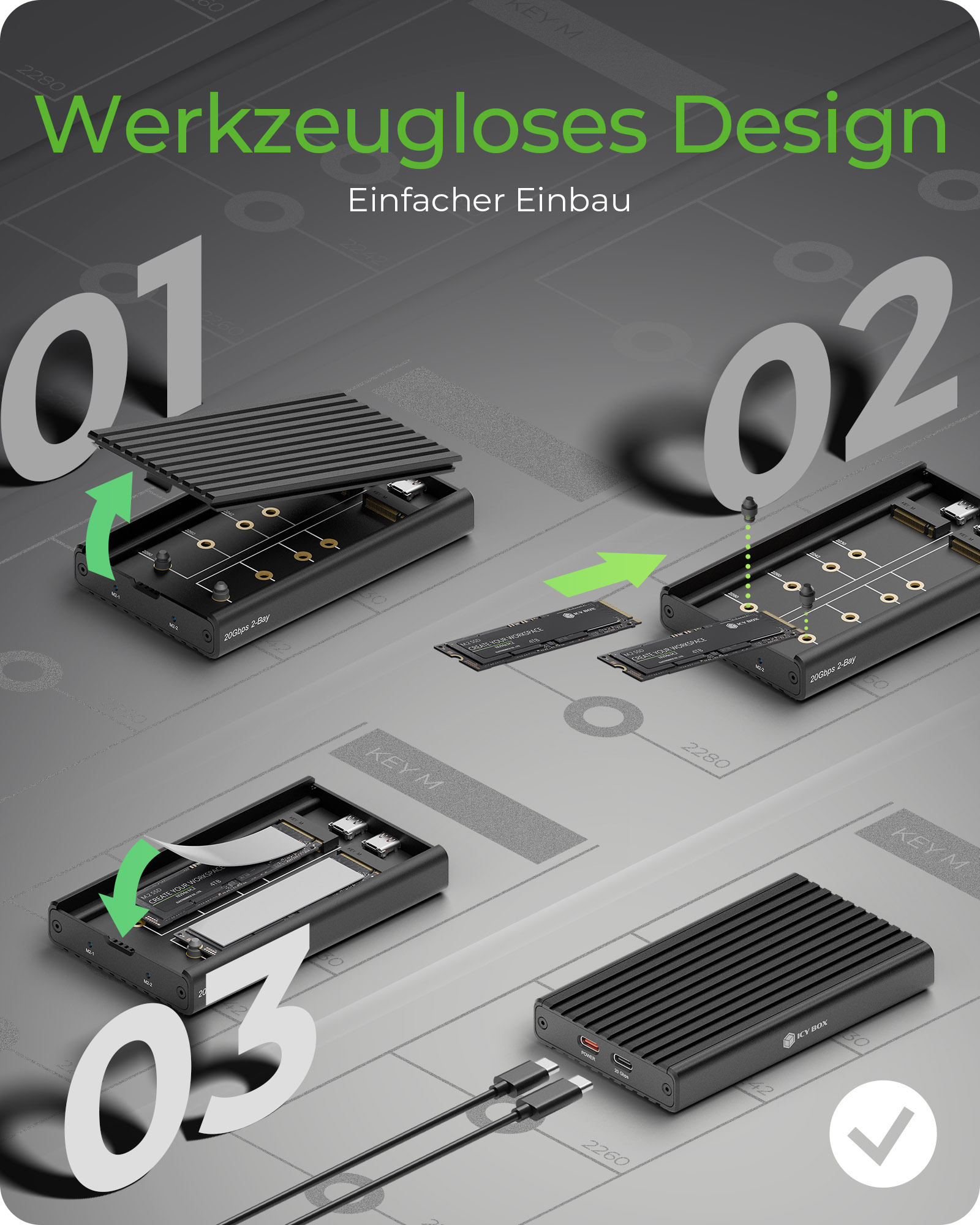 Gehäuse für 2x SSD mit USB 3.2 Gen 2x2 Type-C® Anschluss
