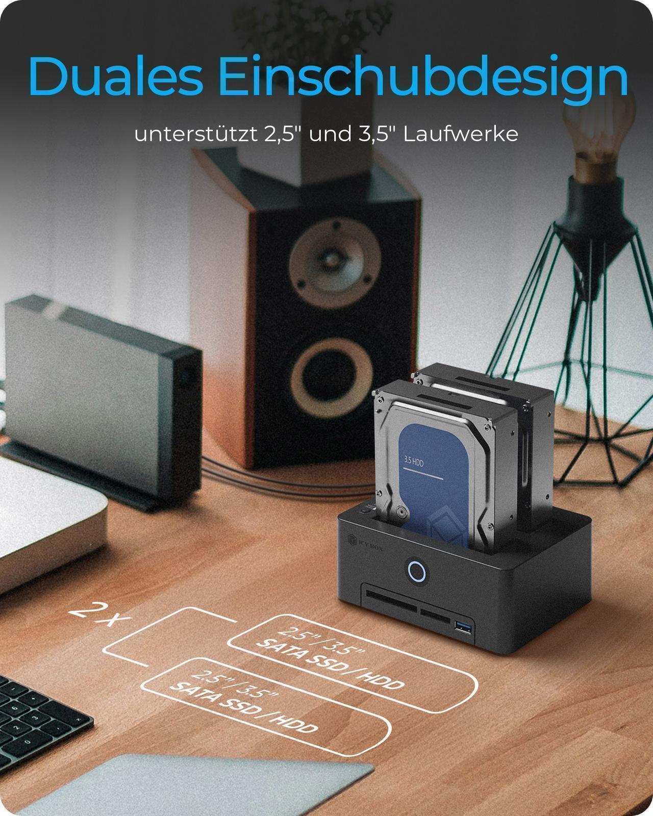 2-Bay 2,5''/3,5'' SSD/HDD Klonstation mit Kartenleser und USB-A