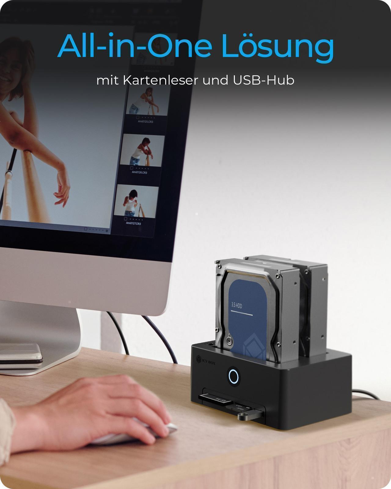 2-Bay 2,5''/3,5'' SSD/HDD Klonstation mit Kartenleser und USB-A