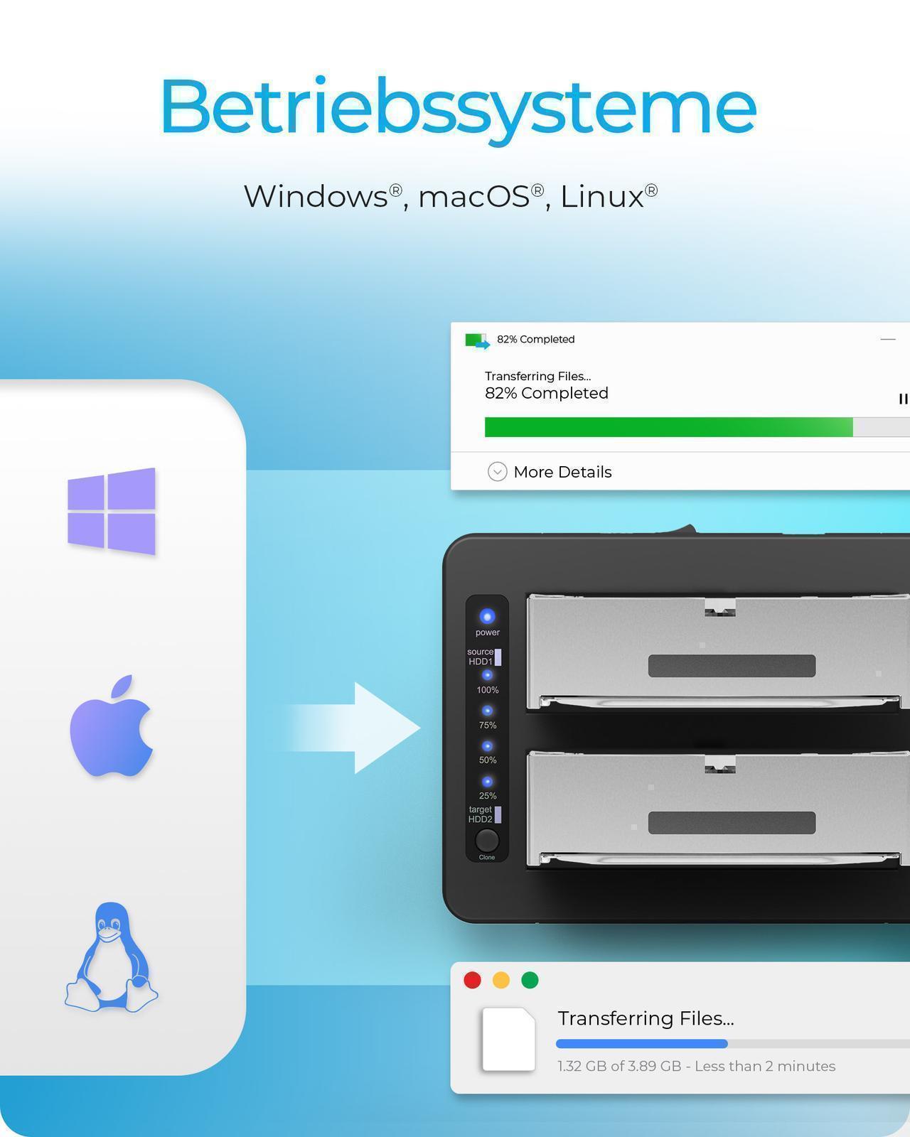 2-Bay 2,5''/3,5'' SSD/HDD Klonstation mit Kartenleser und USB-A