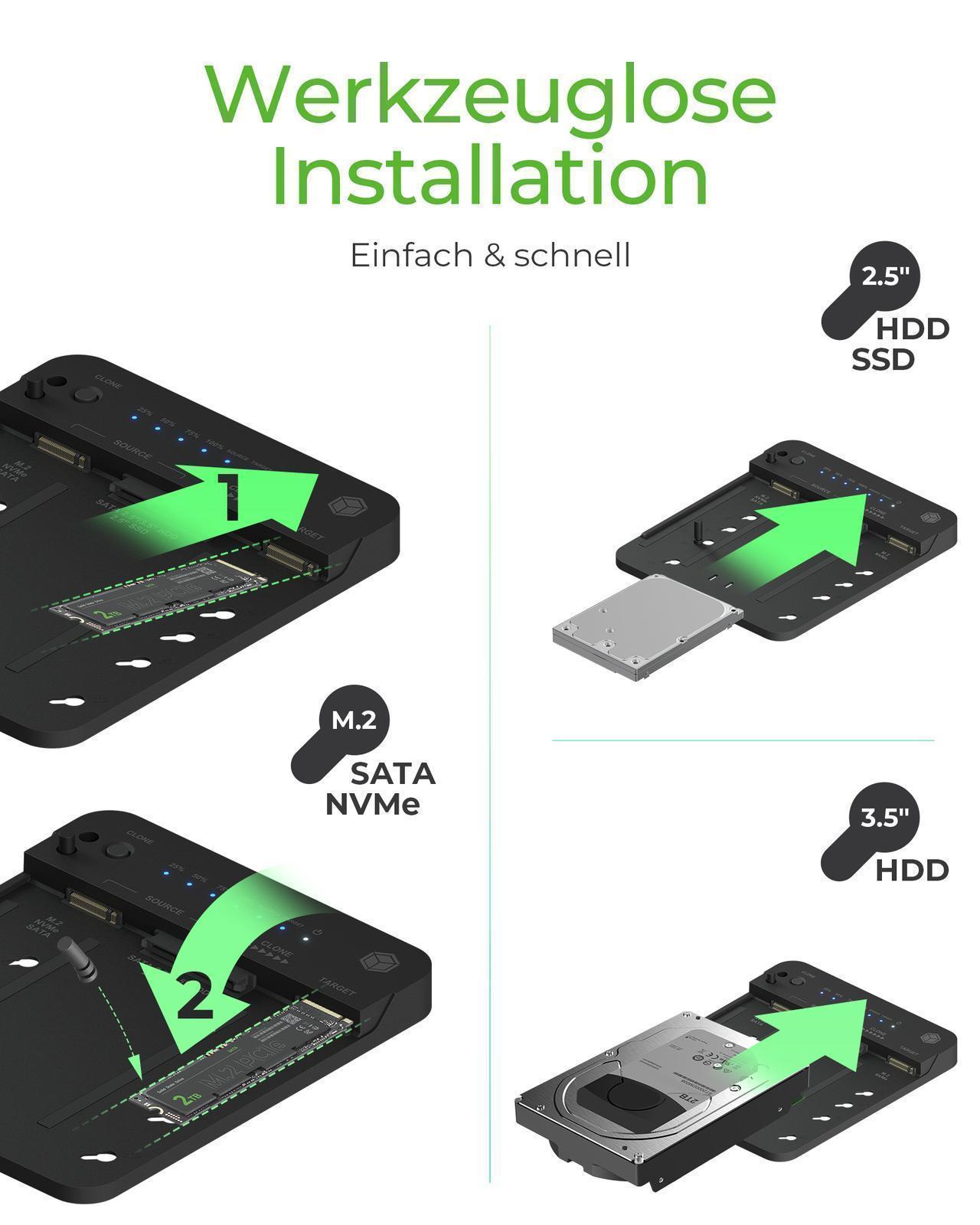 Klon- und DockingStation für 2 M.2 NVMe SSDs und HDDs