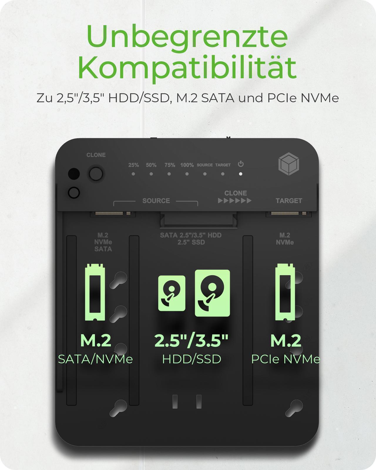 Klon- und DockingStation für 2 M.2 NVMe SSDs und HDDs