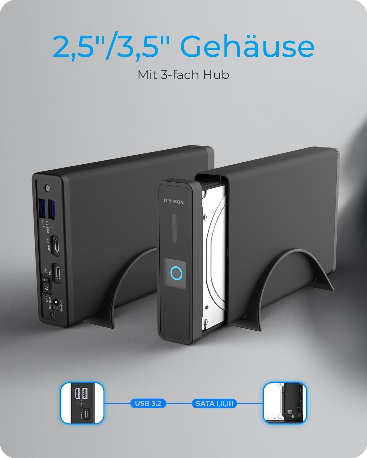 Gehäuse für 1x HDD/SSD mit USB 3.2 Gen 2 Type-C® Anschluss und USB Hub