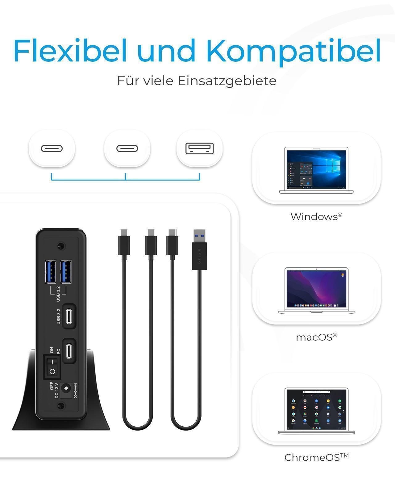 Gehäuse für 1x HDD/SSD mit USB 3.2 Gen 2 Type-C® Anschluss und USB Hub