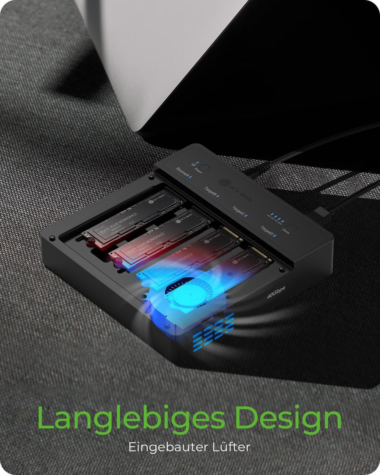 USB4® Docking & KlonStation (1:3 Klon) für 4x M.2 NVMe SSD