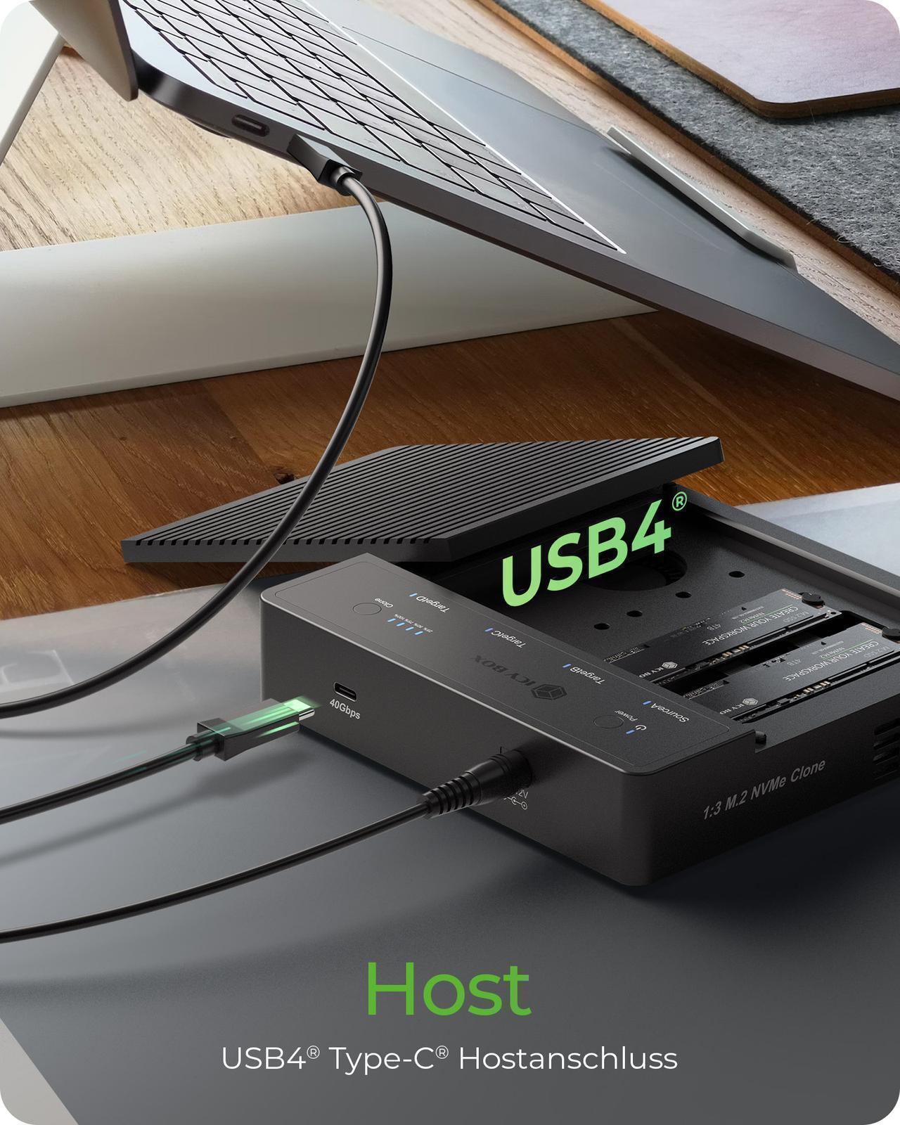 USB4® Docking & KlonStation (1:3 Klon) für 4x M.2 NVMe SSD