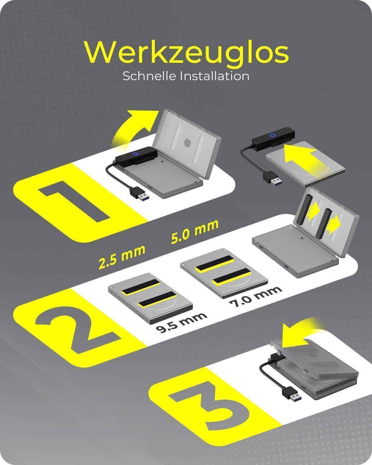 Adapter für 1x HDD/SSD mit USB 3.0 Type-A Anschluss und Kunststoffhülle
