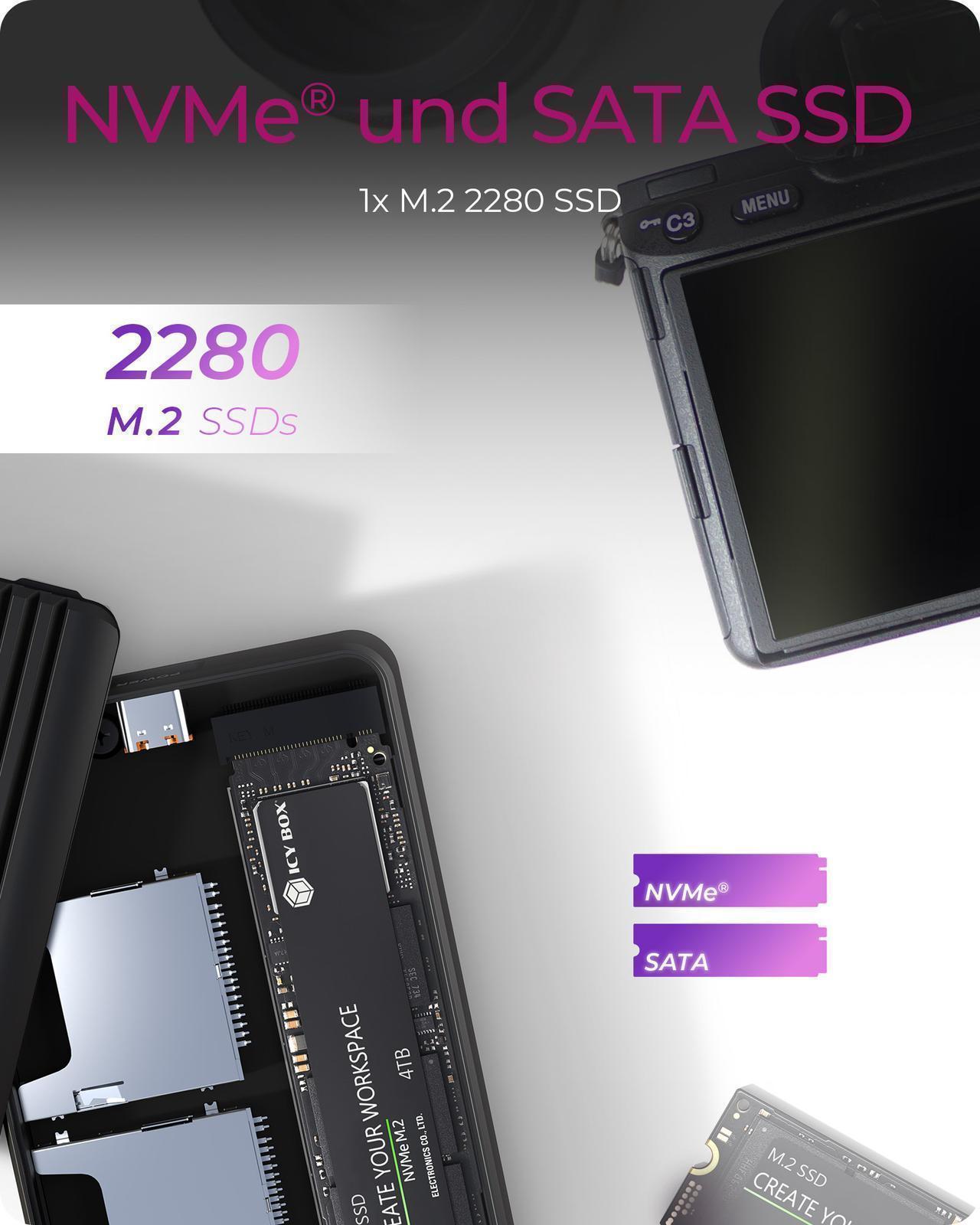 M.2 SSD Gehäuse für M.2 NVMe & SATA SSD mit dual SD 4.0 Kartenleser