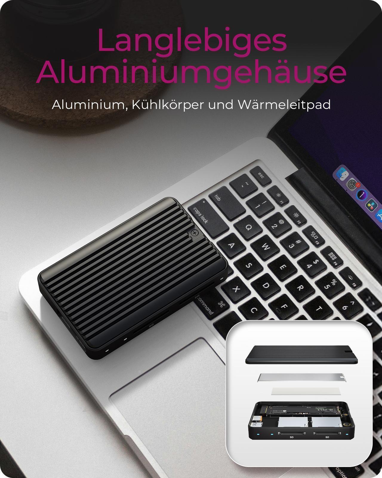 M.2 SSD Gehäuse für M.2 NVMe & SATA SSD mit dual SD 4.0 Kartenleser