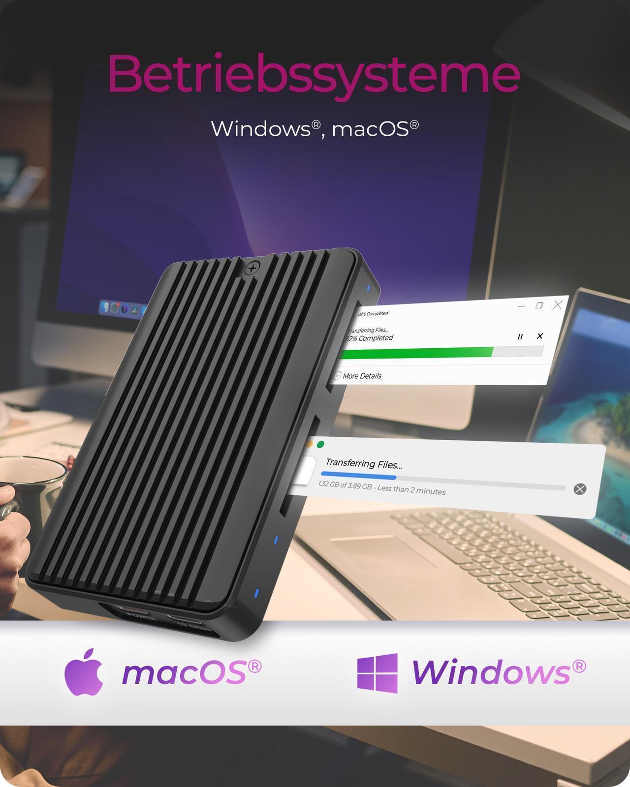 M.2 SSD Gehäuse für M.2 NVMe & SATA SSD mit dual SD 4.0 Kartenleser