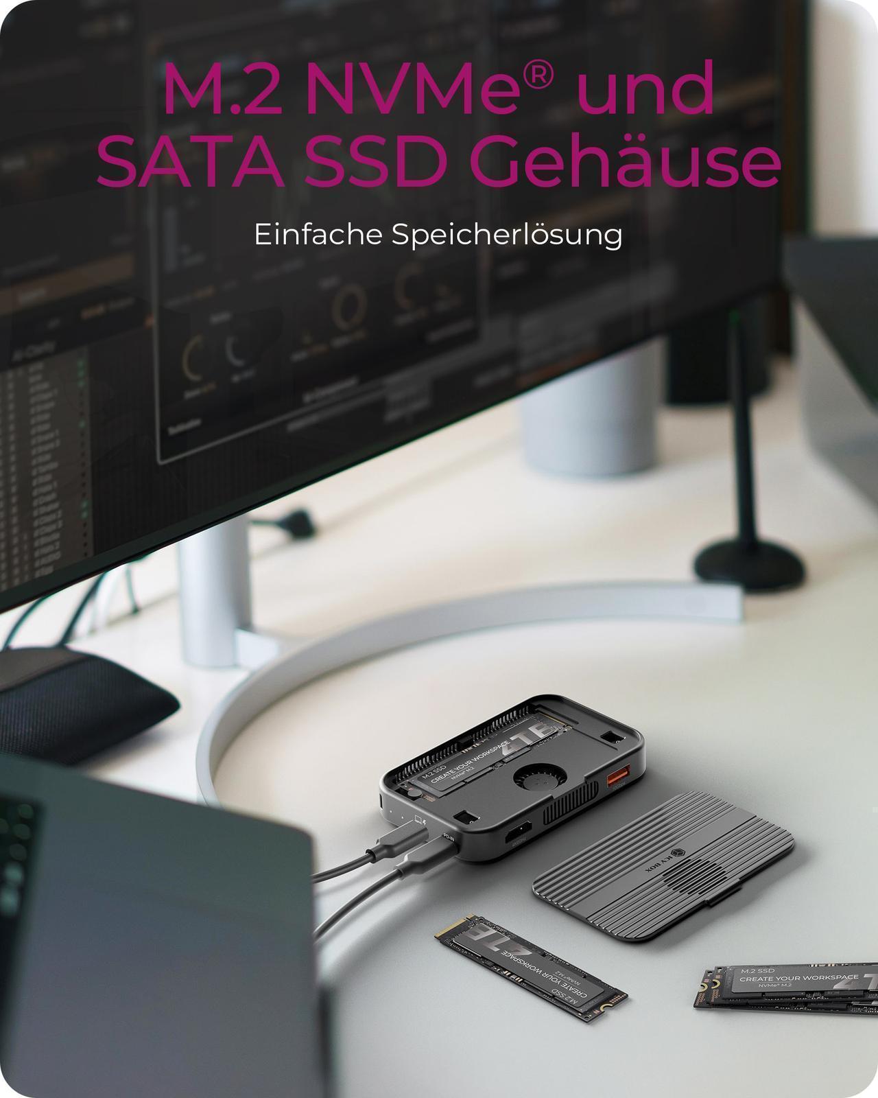 7-in-1 DockingStation als magnetisches M.2 NVMe und SATA SSD Gehäuse mit integriertem Lüfter