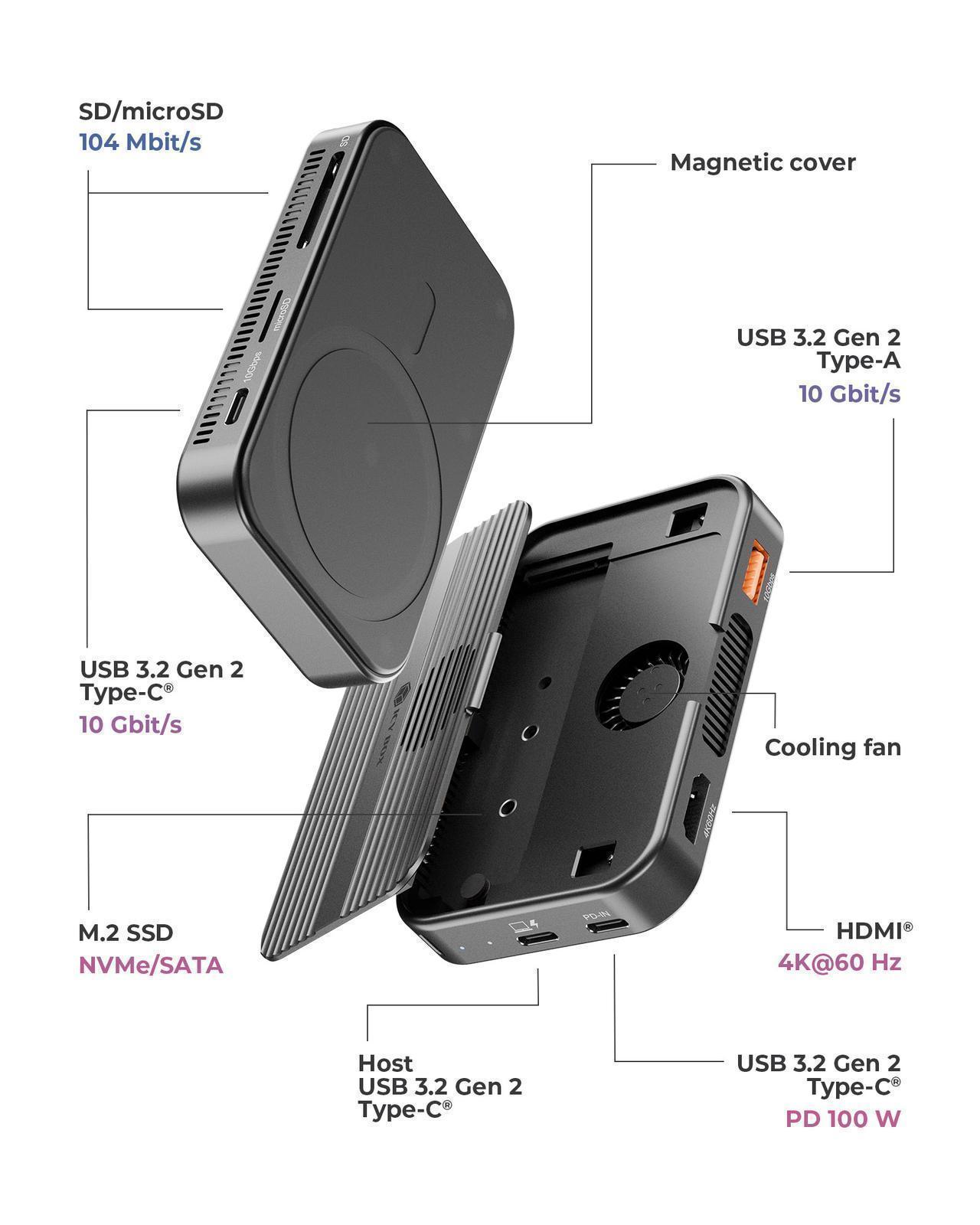 7-in-1 DockingStation als magnetisches M.2 NVMe und SATA SSD Gehäuse mit integriertem Lüfter