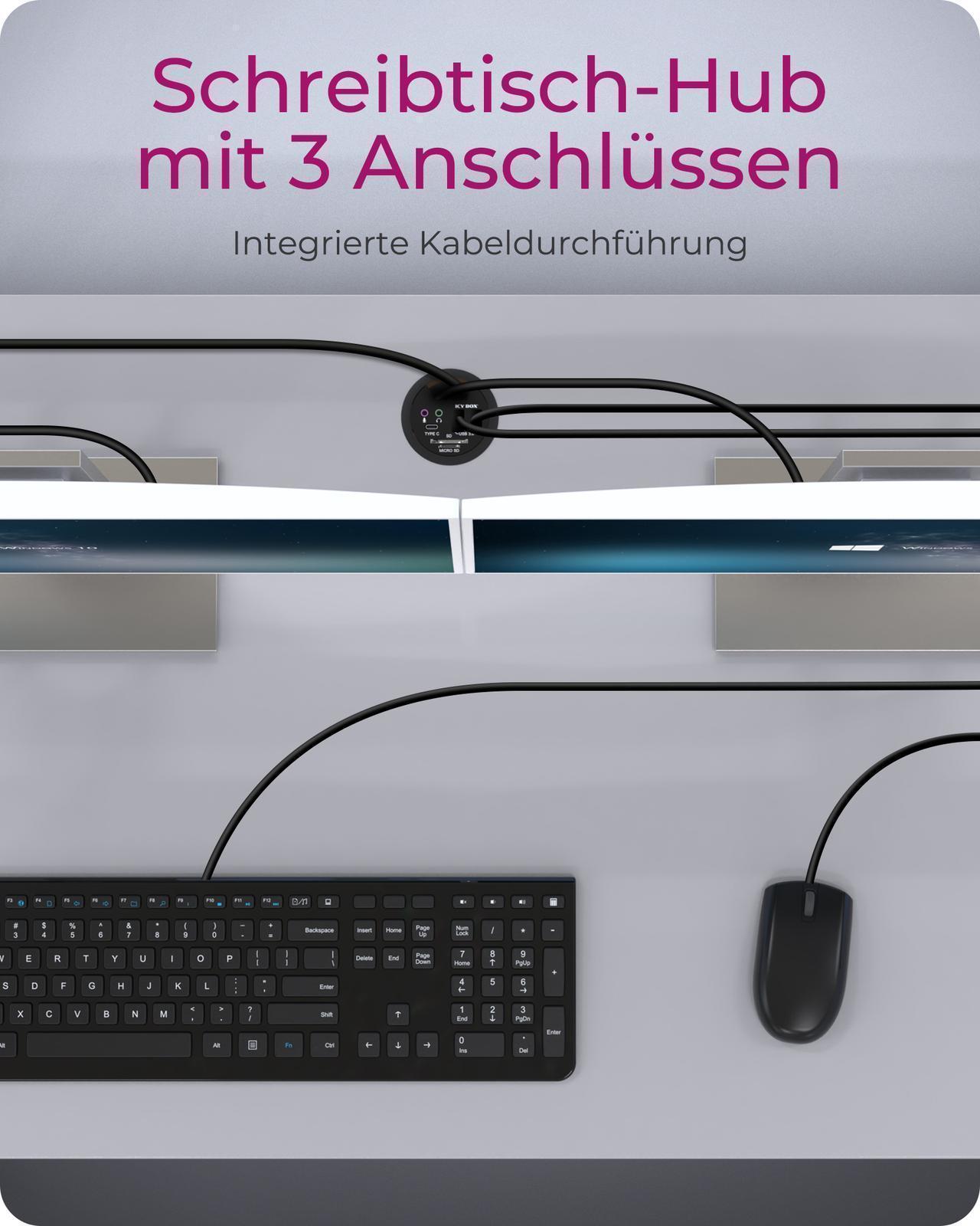 3 Port Tisch-Hub mit SD/micro SD Kartenleser, USB Type-A Anschluss und Audio Ein-/Ausgang