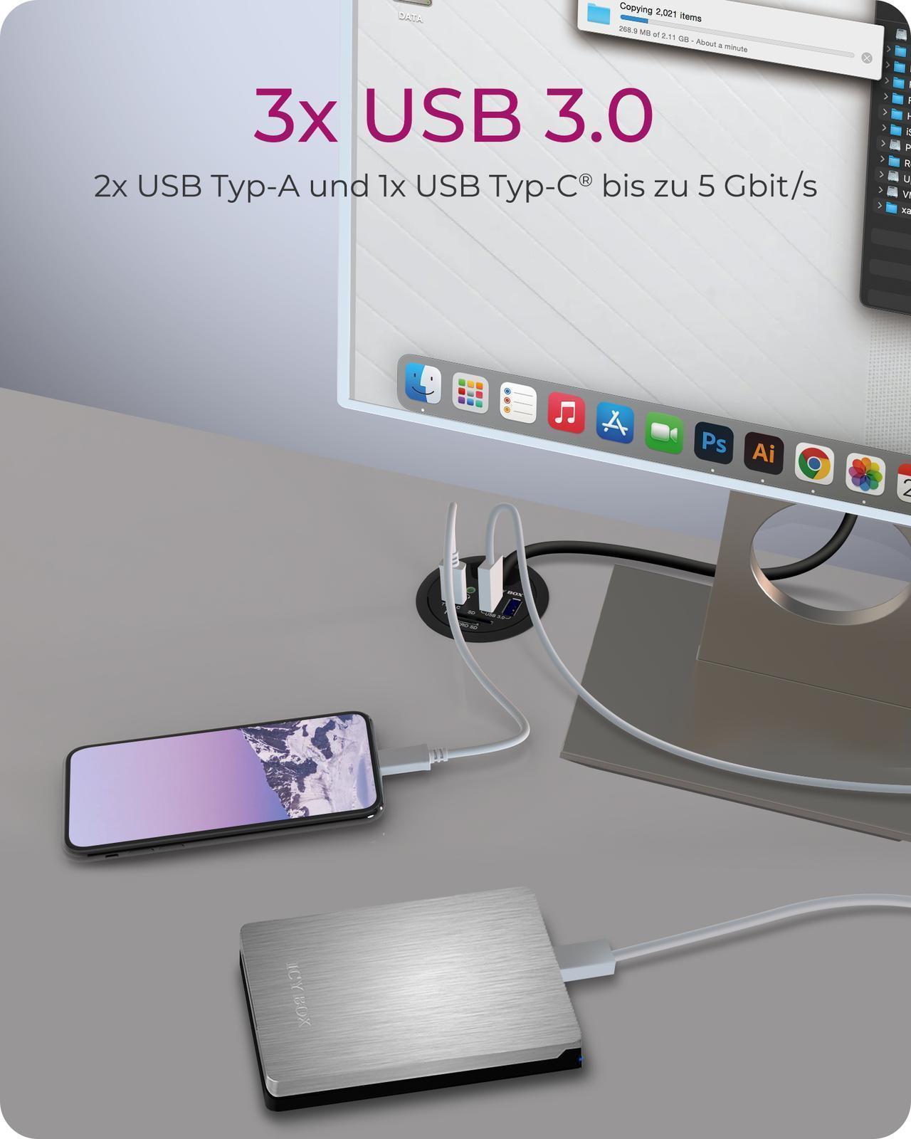 3 Port Tisch-Hub mit SD/micro SD Kartenleser, USB Type-A Anschluss und Audio Ein-/Ausgang