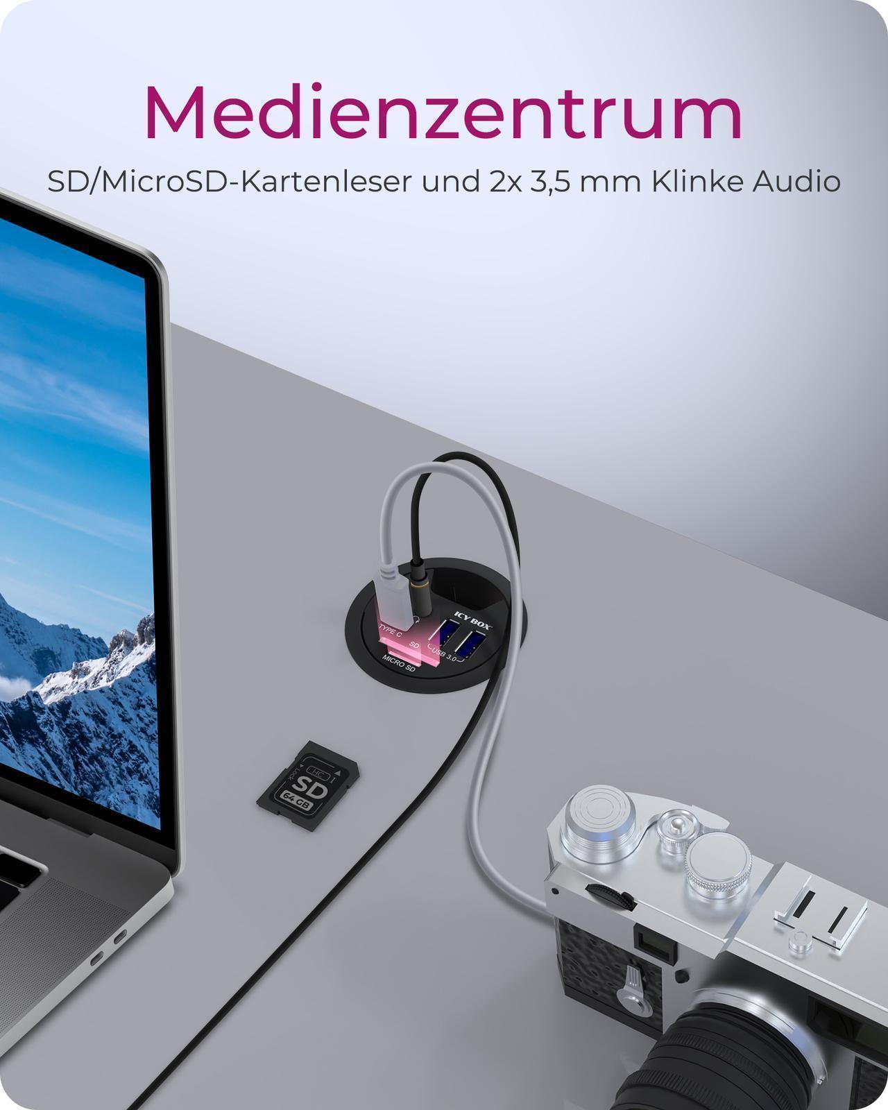 3 Port Tisch-Hub mit SD/micro SD Kartenleser, USB Type-A Anschluss und Audio Ein-/Ausgang