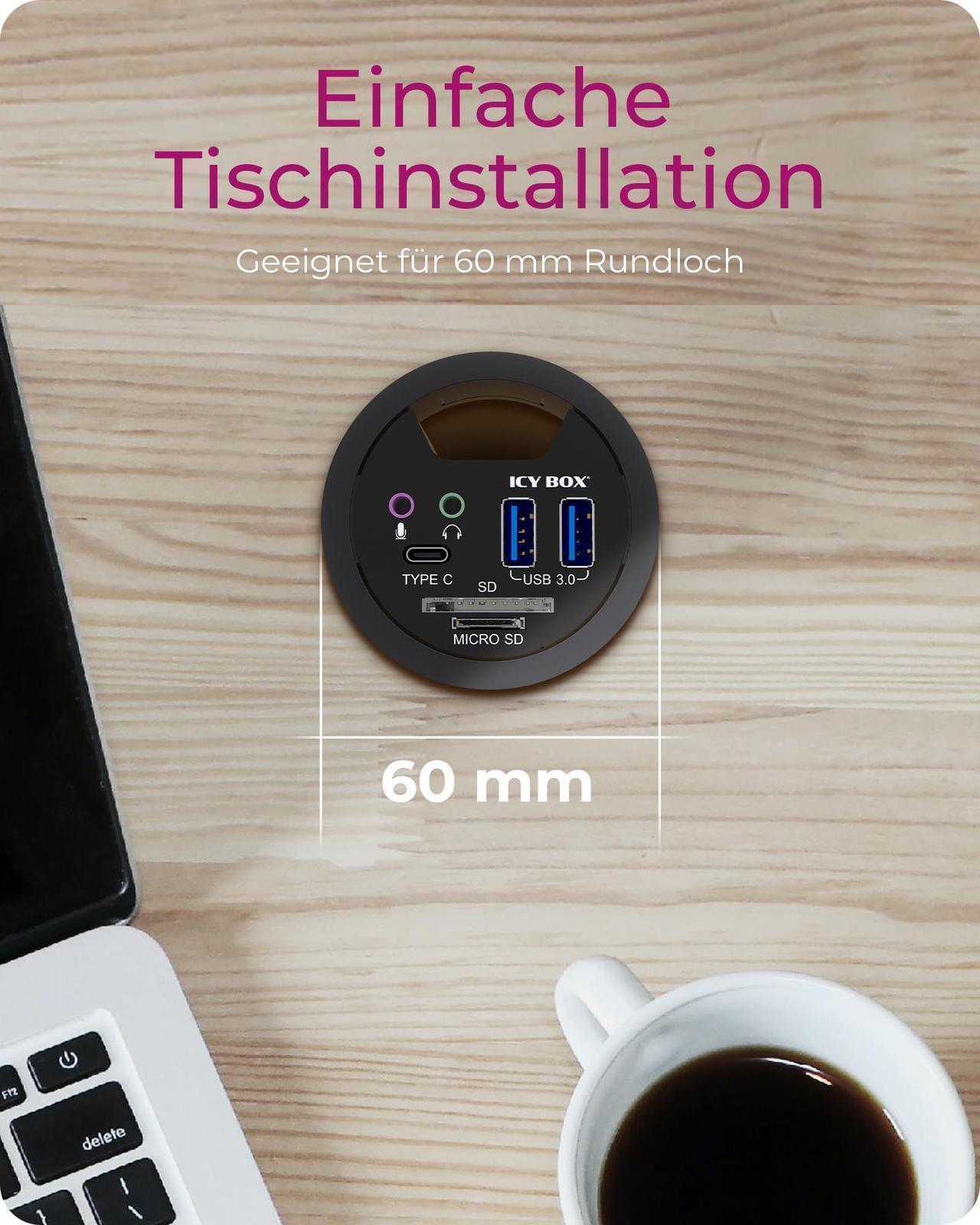 3 Port Tisch-Hub mit SD/micro SD Kartenleser, USB Type-A Anschluss und Audio Ein-/Ausgang