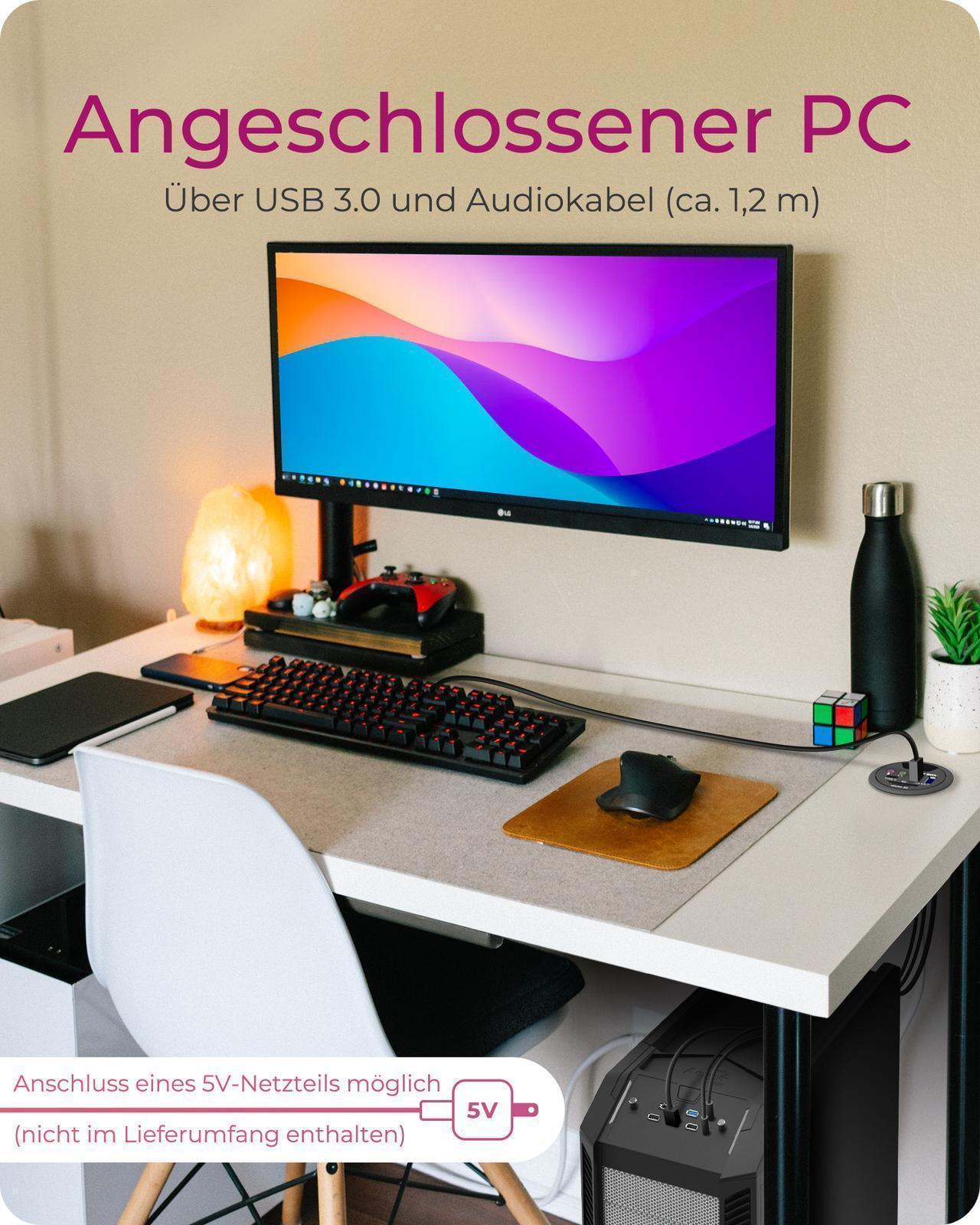 3 Port Tisch-Hub mit SD/micro SD Kartenleser, USB Type-A Anschluss und Audio Ein-/Ausgang