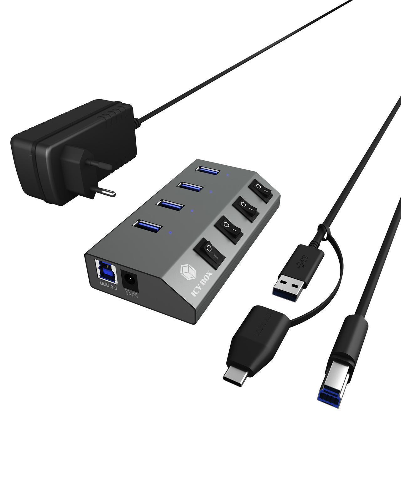 4 Port Hub  mit USB Type-A Anschluss und Ein-/Ausschalter für jeden Port