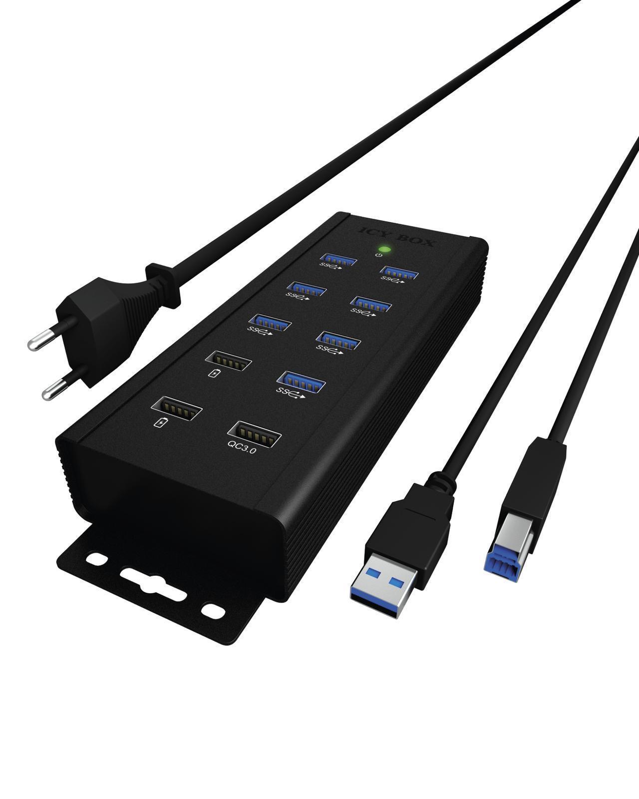 7 Port Industriehub mit USB Type-A Anschluss, QC 3.0 Ladeanschluss und 2x Schnellladeports
