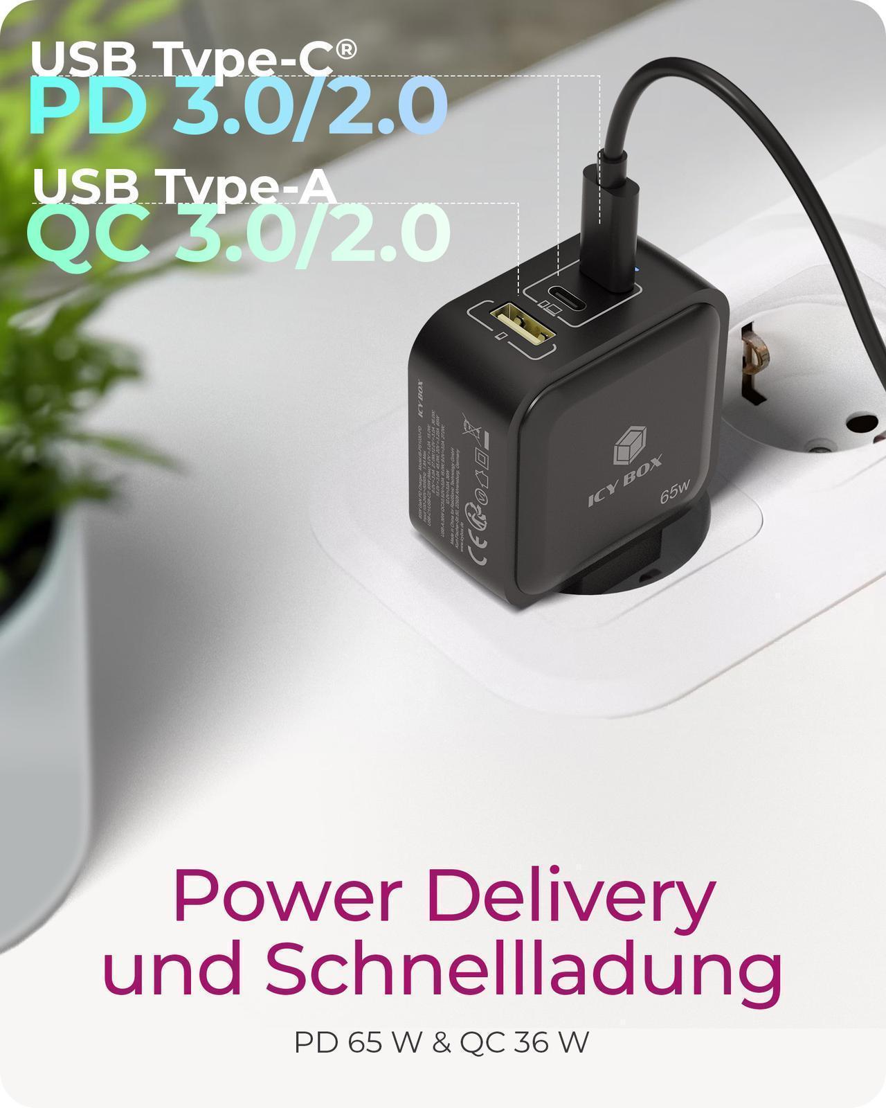 GaN Wandladegerät mit 65 W Power Delivery und Schnellladefunktion