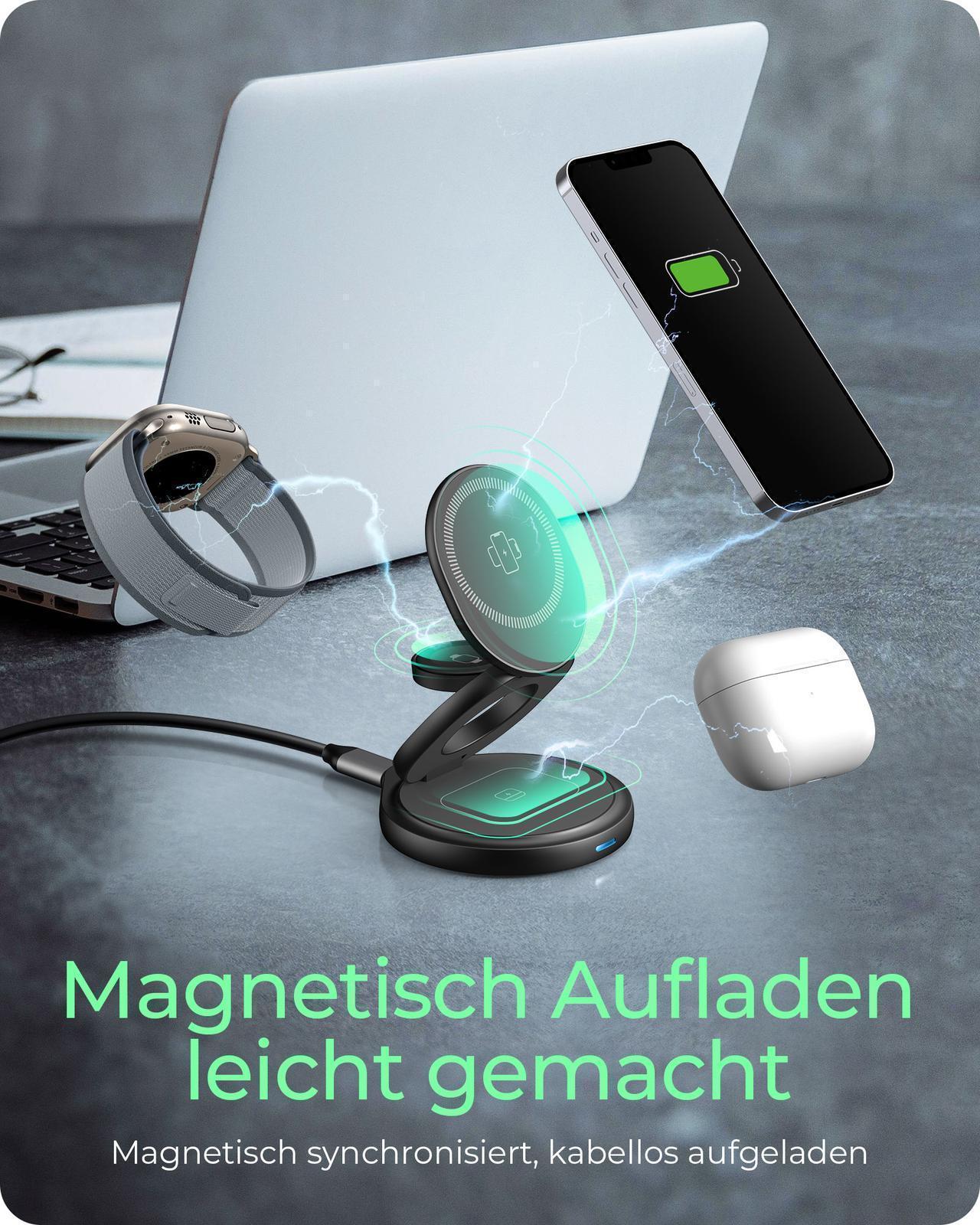 3-in-1 kabelloses Ladegerät-Ständer für Smartphones, Smartwatches und Kopfhörer