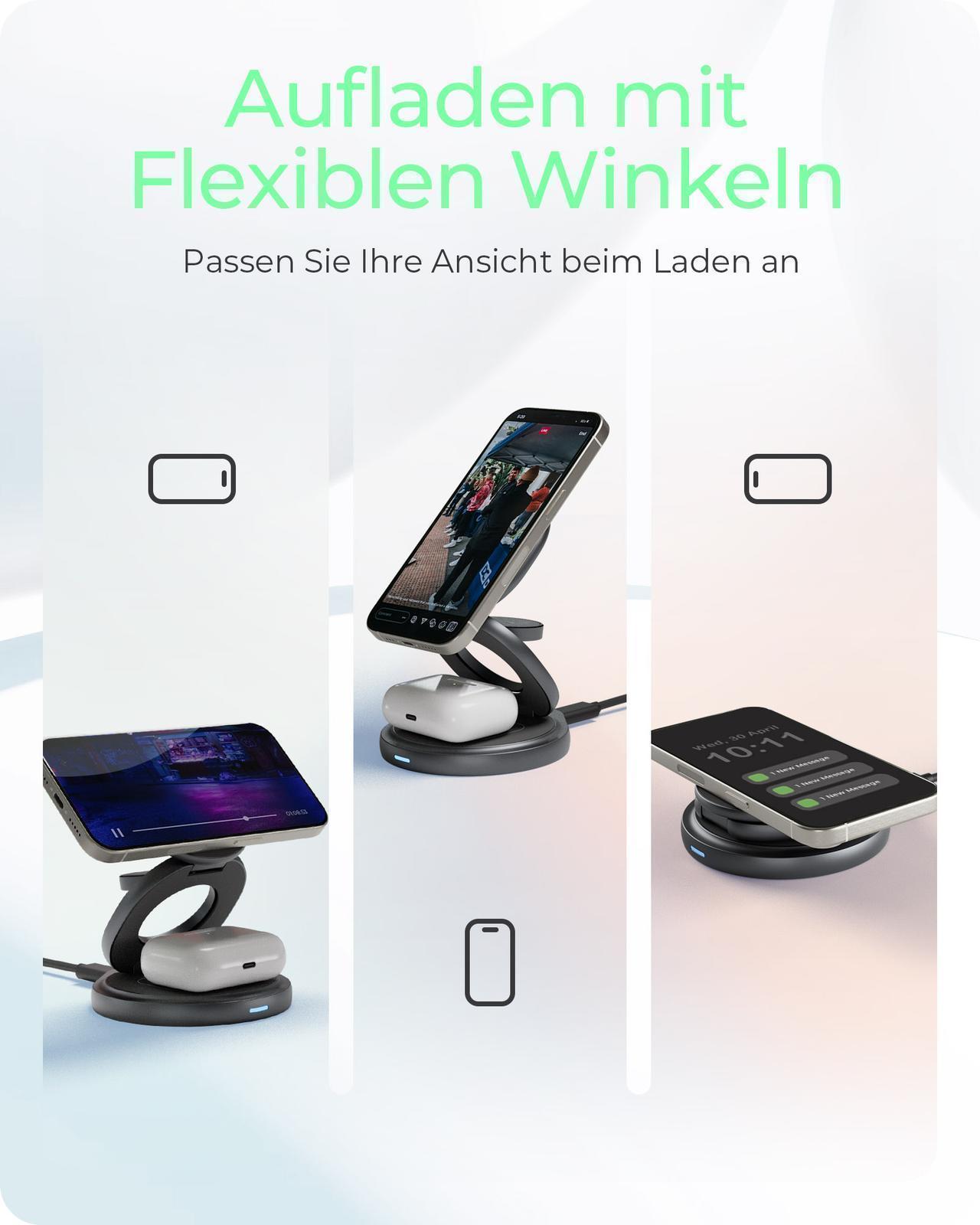 3-in-1 kabelloses Ladegerät-Ständer für Smartphones, Smartwatches und Kopfhörer