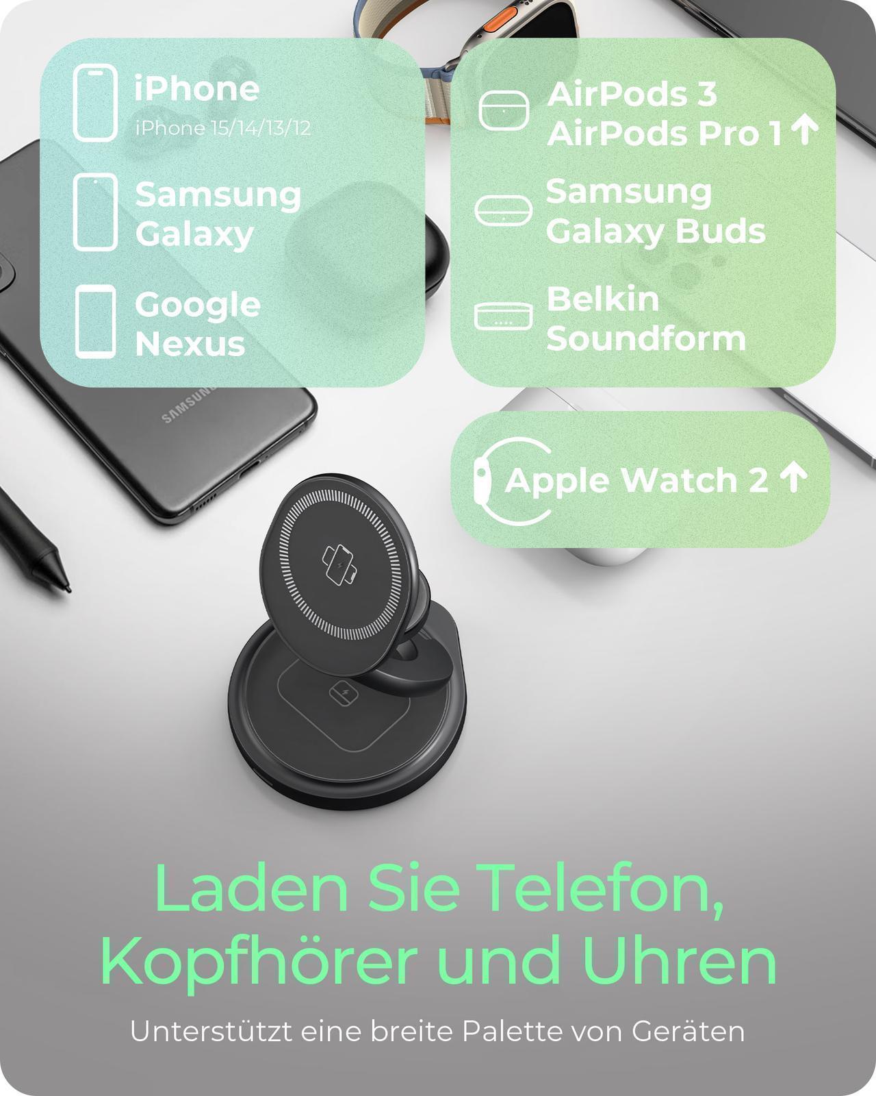 3-in-1 kabelloses Ladegerät-Ständer für Smartphones, Smartwatches und Kopfhörer