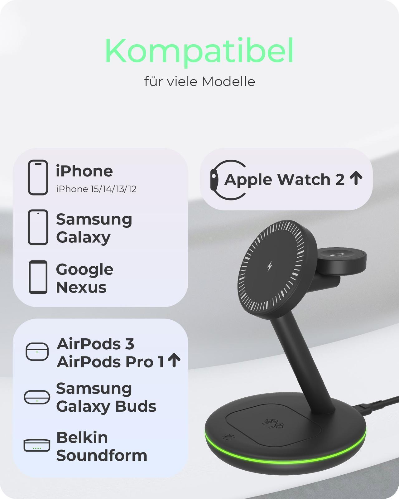 3-in-1 Kabellose Ladestation für Smartphone, Smartwatch und Kopfhörer