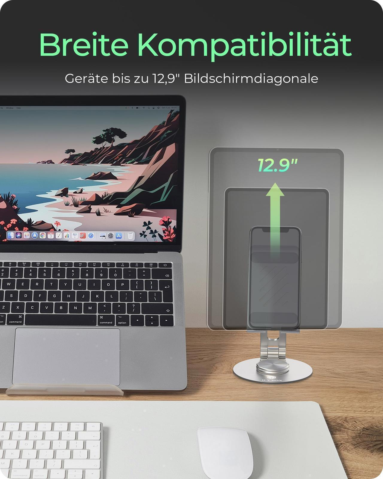 360° drehbarer und verstellbarer Smartphone- und Tablet-Ständer für bis zu 12.9"