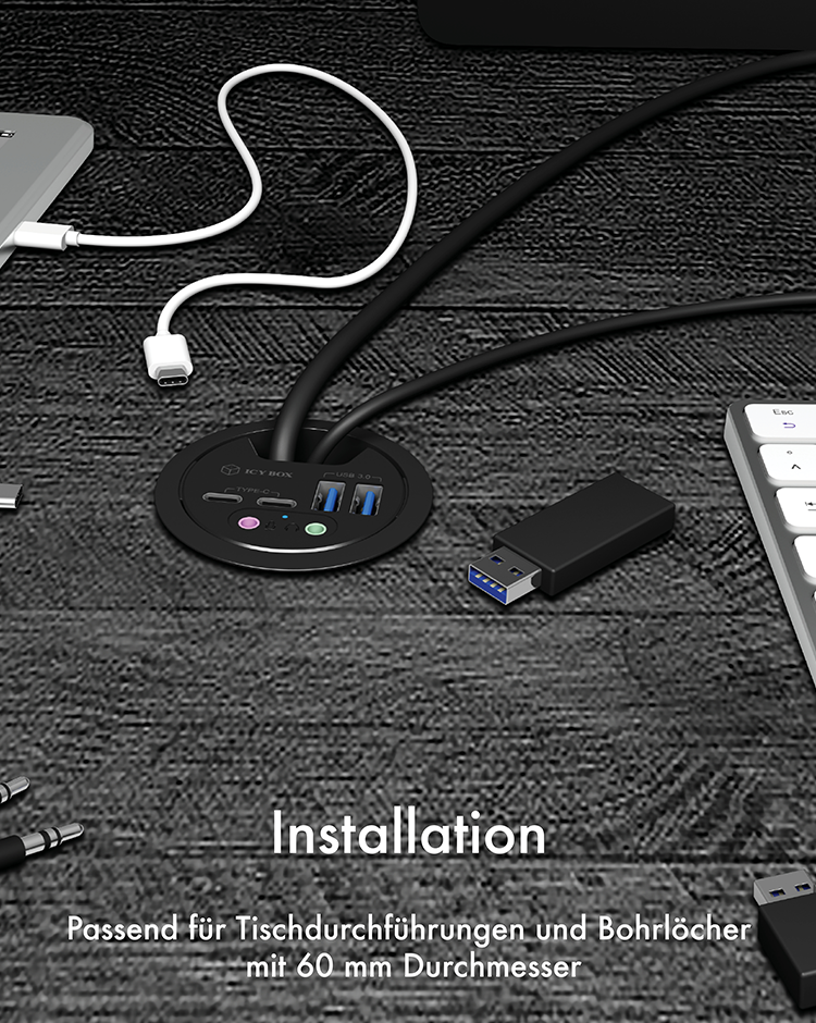 4 Port Tisch-Hub mit USB Type-A Anschluss und Audio Ein-/Ausgang