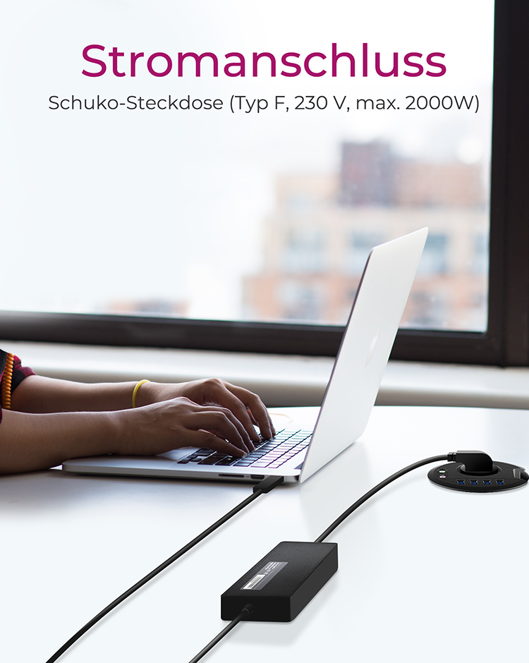 4 Port Tisch-Hub mit USB Type-A Anschluss, Audio Ein-/Ausgang und EU Steckdose