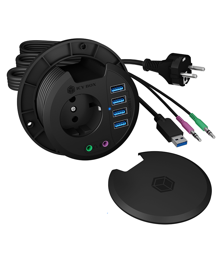 4 Port Tisch-Hub mit USB Type-A Anschluss, Audio Ein-/Ausgang und EU Steckdose