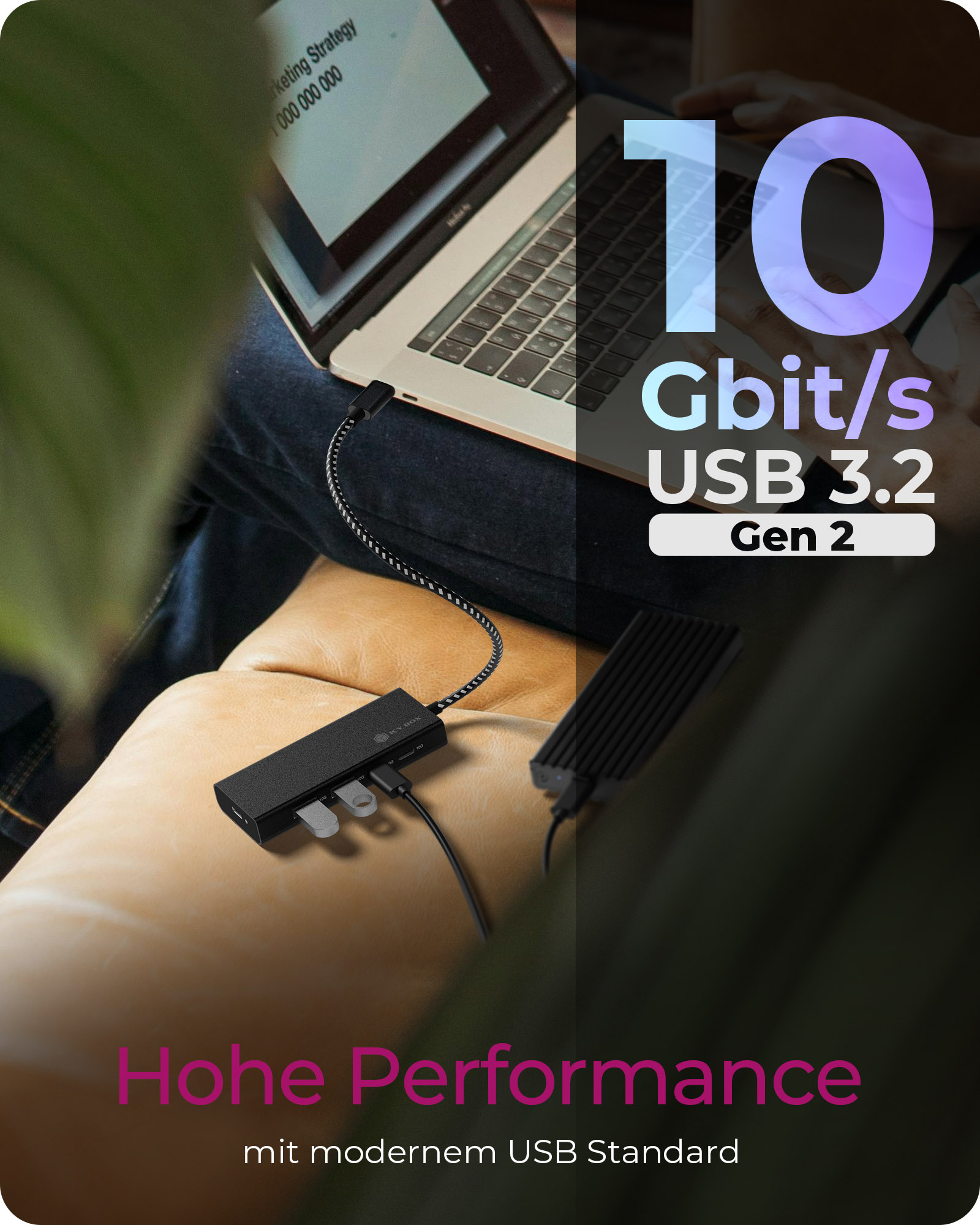 4-Port Hub mit USB 3.2 Gen 2 Type-C® Anschluss und PD 100 W