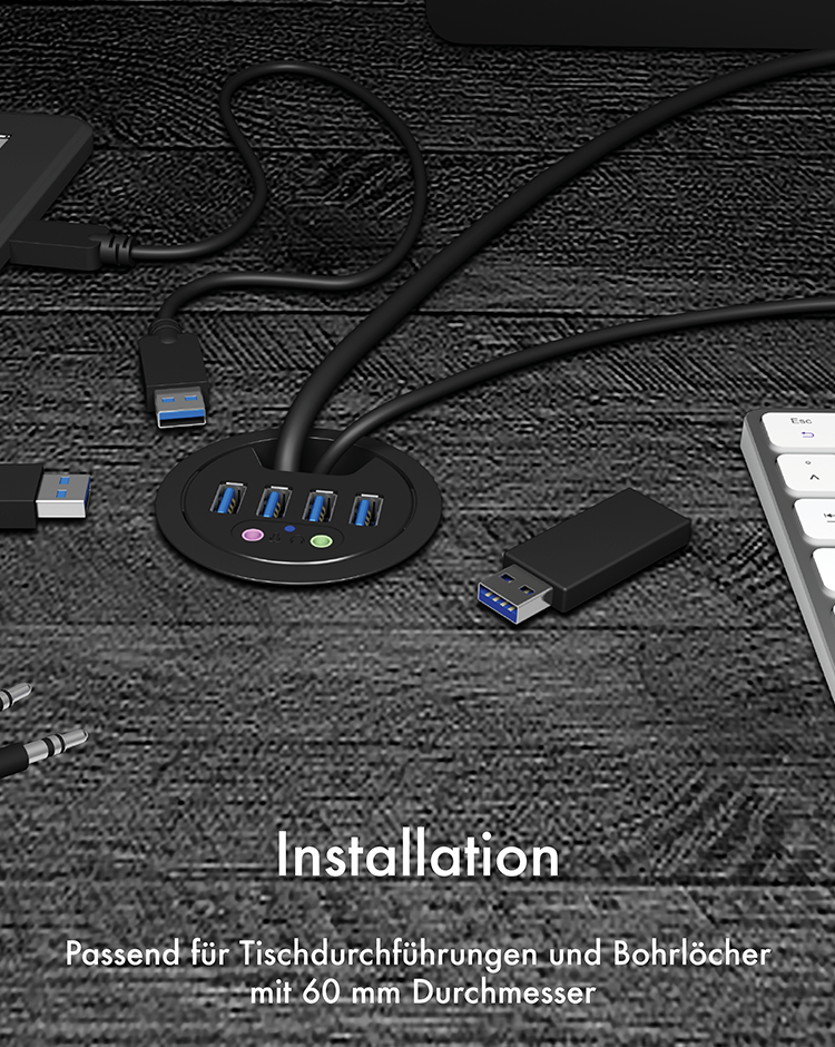 4 Port Tisch-Hub mit UBS Type-A Anschluss und Audio Ein-/Ausgang