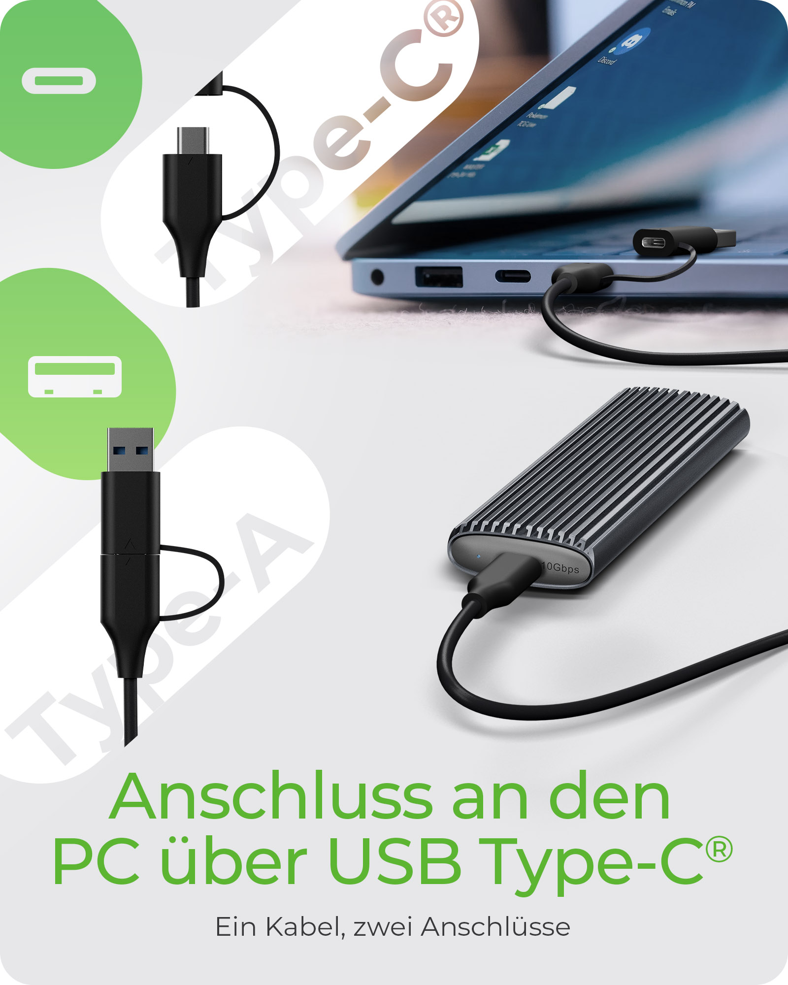 M.2 NVMe & SATA SSD Gehäuse mit USB Type-C®