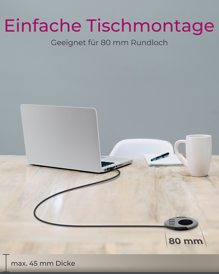 4 Port Tisch-Hub mit USB Type-A Anschluss, Audio Ein-/Ausgang und EU Steckdose