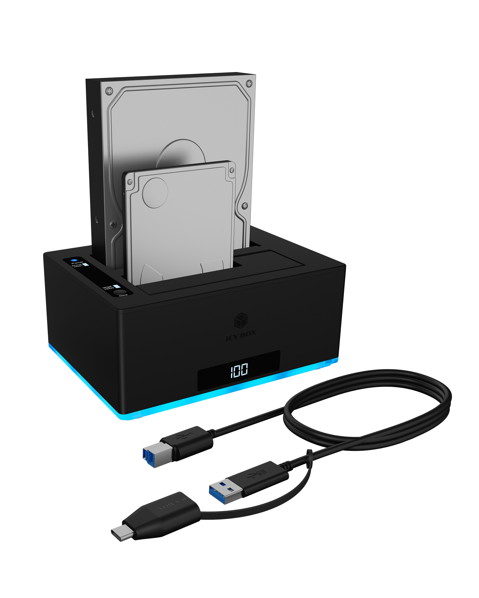 Docking & Klonstation für 2x HDD/SSD mit USB 3.0 Type-A & Type-C® Anschluss und RGB Beleuchtung