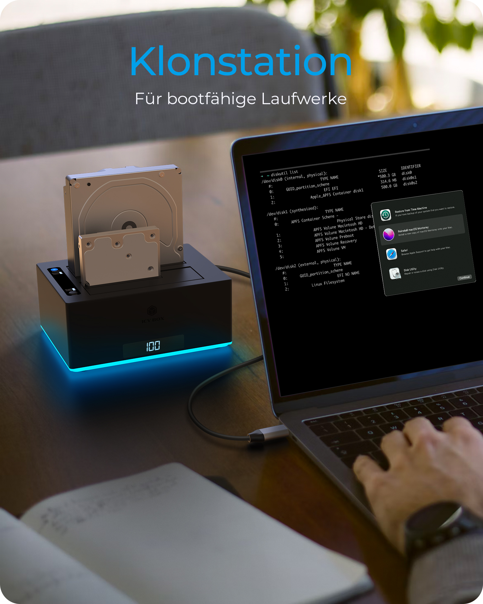Docking & Klonstation für 2x HDD/SSD mit USB 3.0 Type-A & Type-C® Anschluss und RGB Beleuchtung