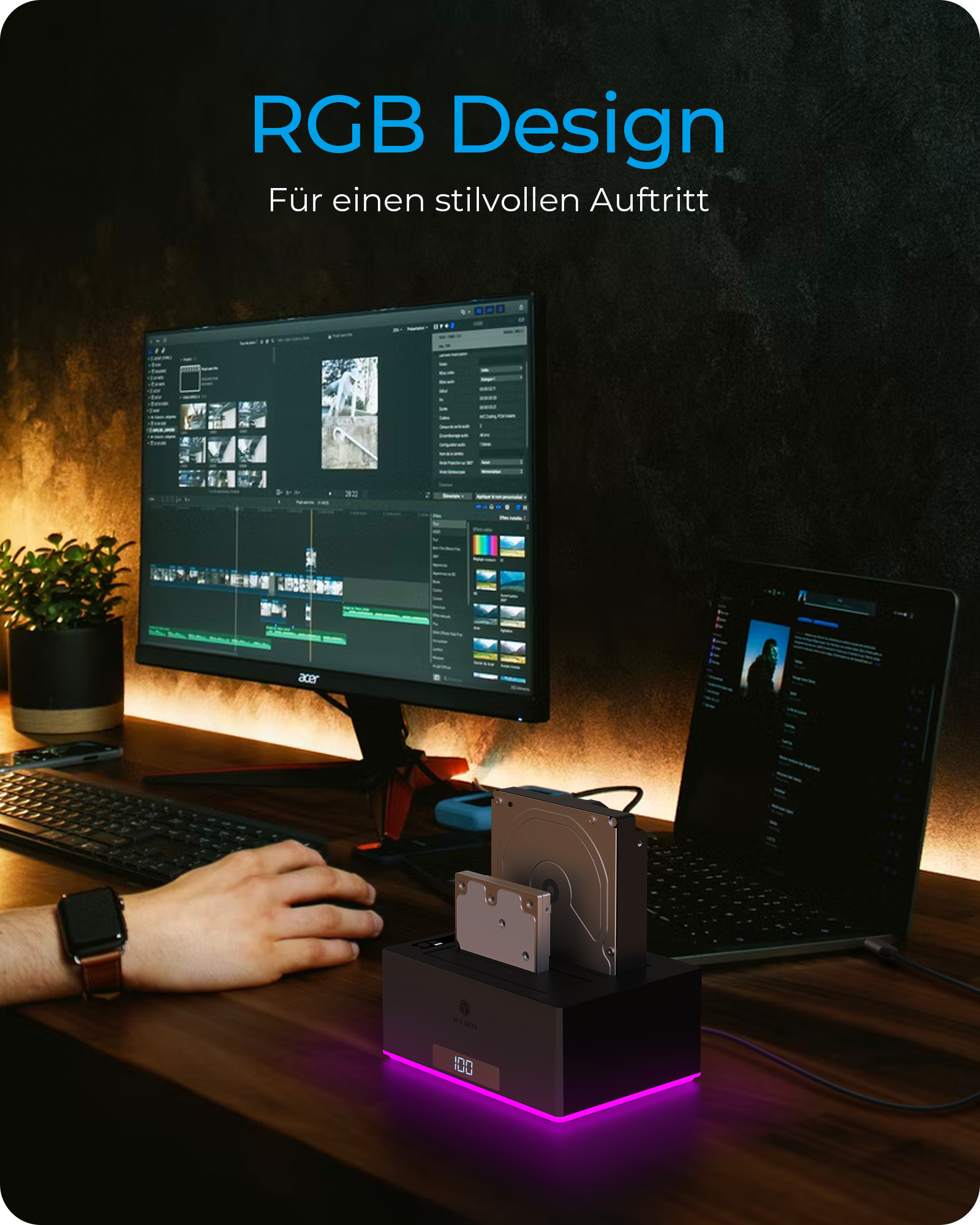 Docking & Klonstation für 2x HDD/SSD mit USB 3.0 Type-A & Type-C® Anschluss und RGB Beleuchtung