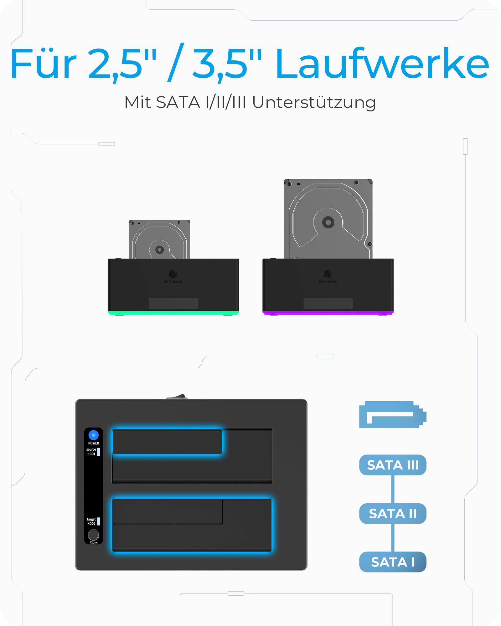Docking & Klonstation für 2x HDD/SSD mit USB 3.0 Type-A & Type-C® Anschluss und RGB Beleuchtung