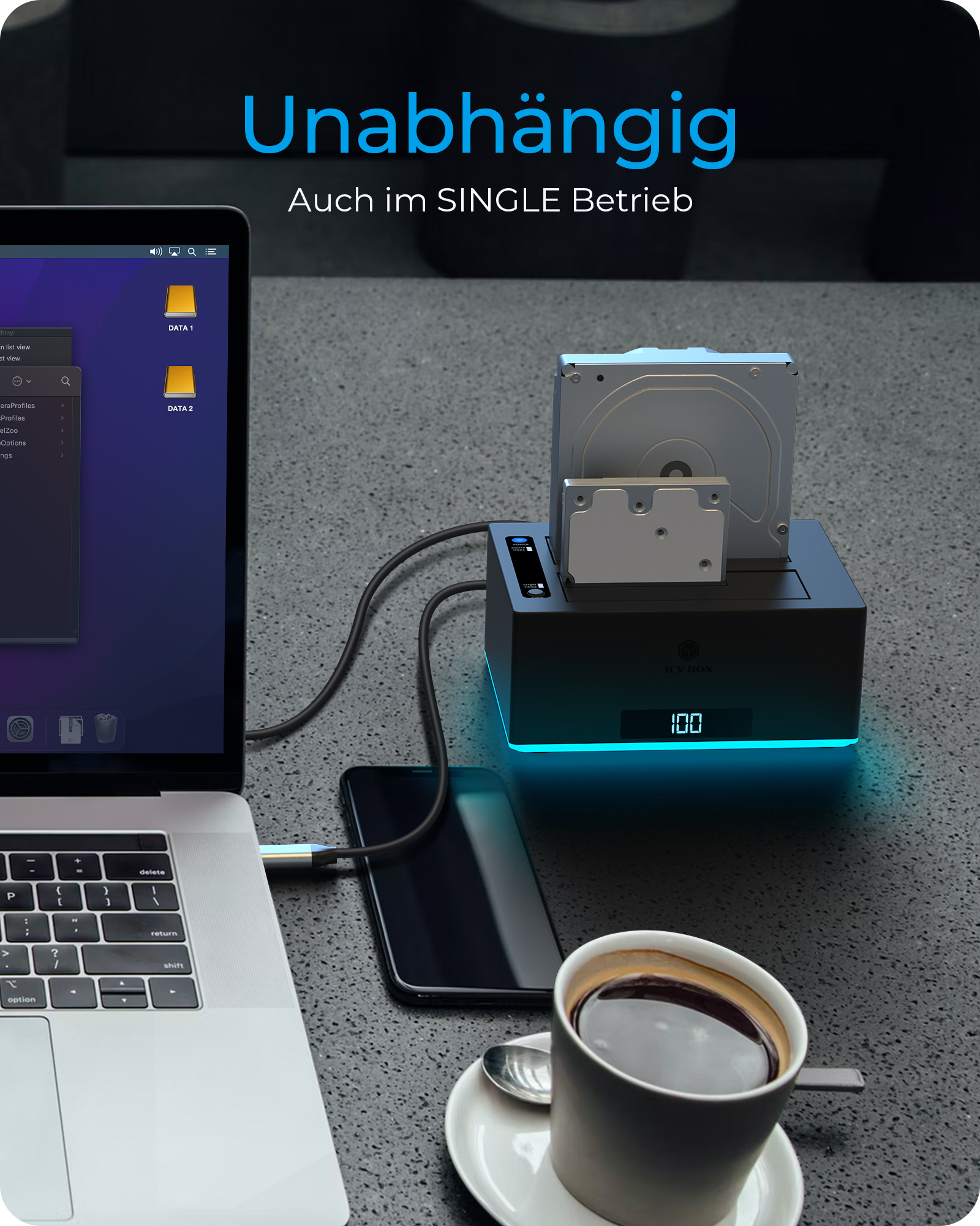 Docking & Klonstation für 2x HDD/SSD mit USB 3.0 Type-A & Type-C® Anschluss und RGB Beleuchtung