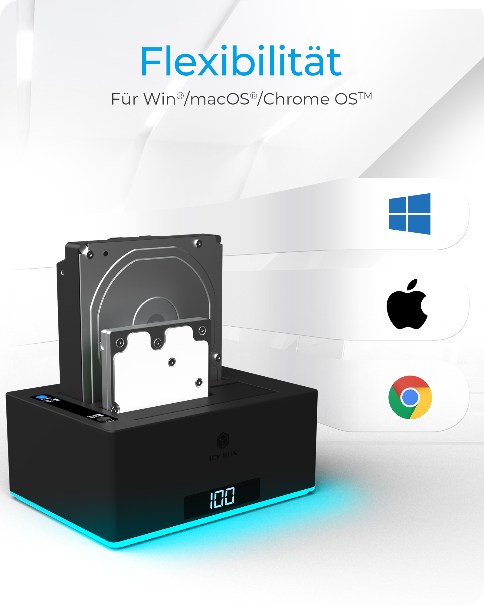Docking & Klonstation für 2x HDD/SSD mit USB 3.0 Type-A & Type-C® Anschluss und RGB Beleuchtung
