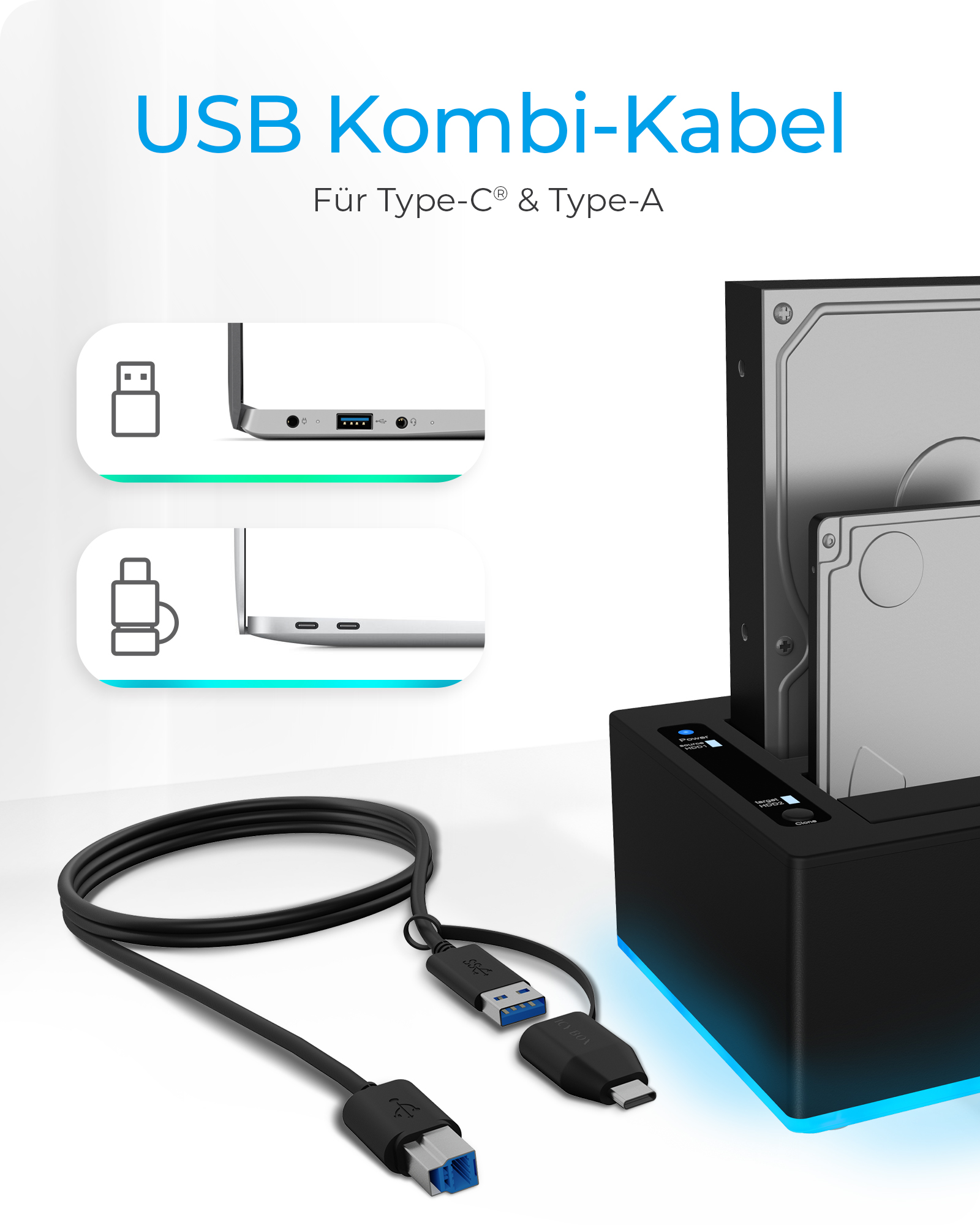 Docking & Klonstation für 2x HDD/SSD mit USB 3.0 Type-A & Type-C® Anschluss und RGB Beleuchtung