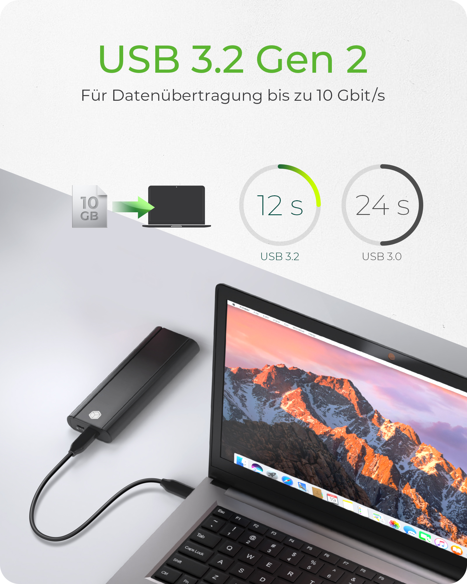 Gehäuse für 1x M.2 NVMe SSD USB 3.2 Gen 2 Type-C® Anschluss und Schreibschutz