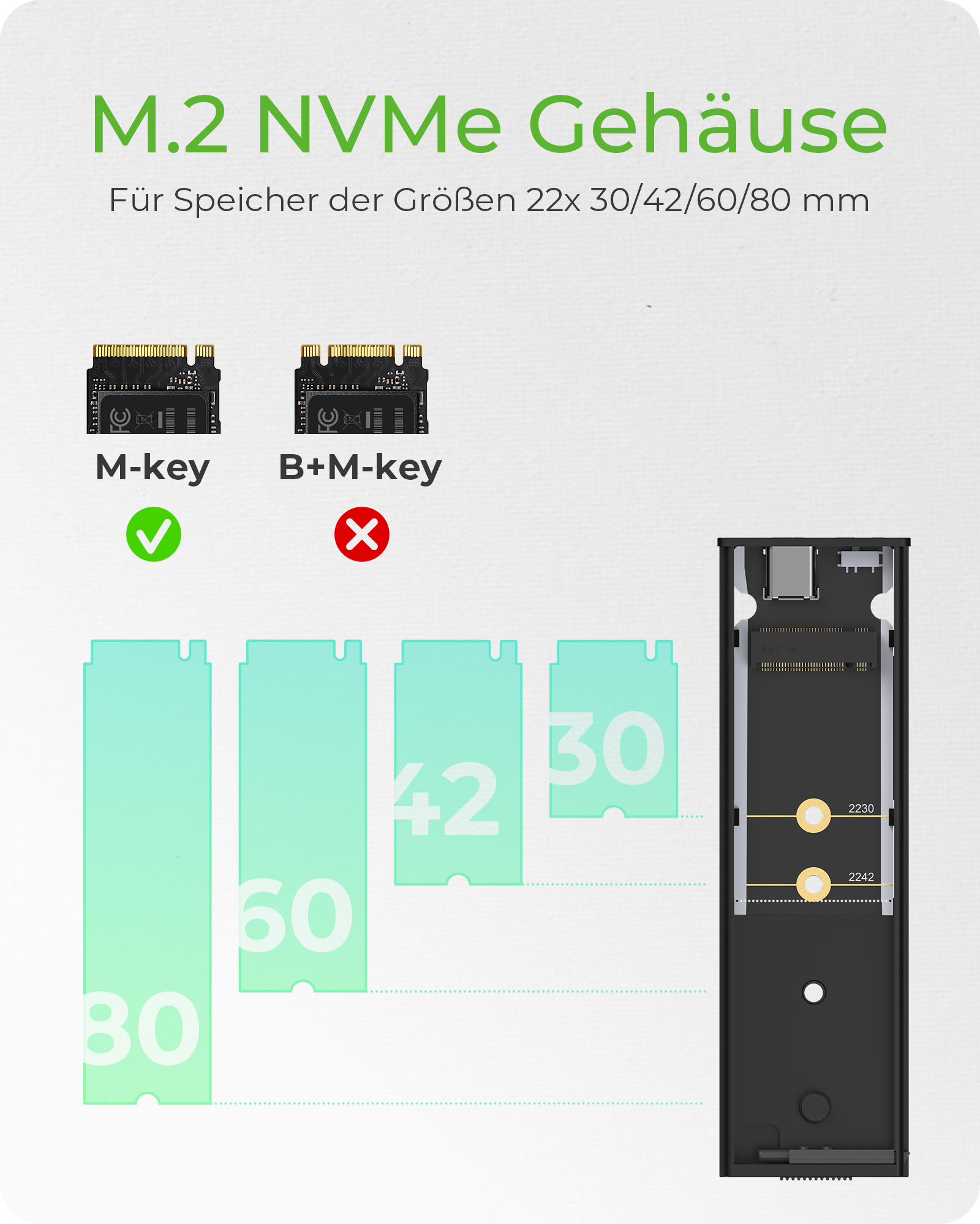 Gehäuse für 1x M.2 NVMe SSD USB 3.2 Gen 2 Type-C® Anschluss und Schreibschutz