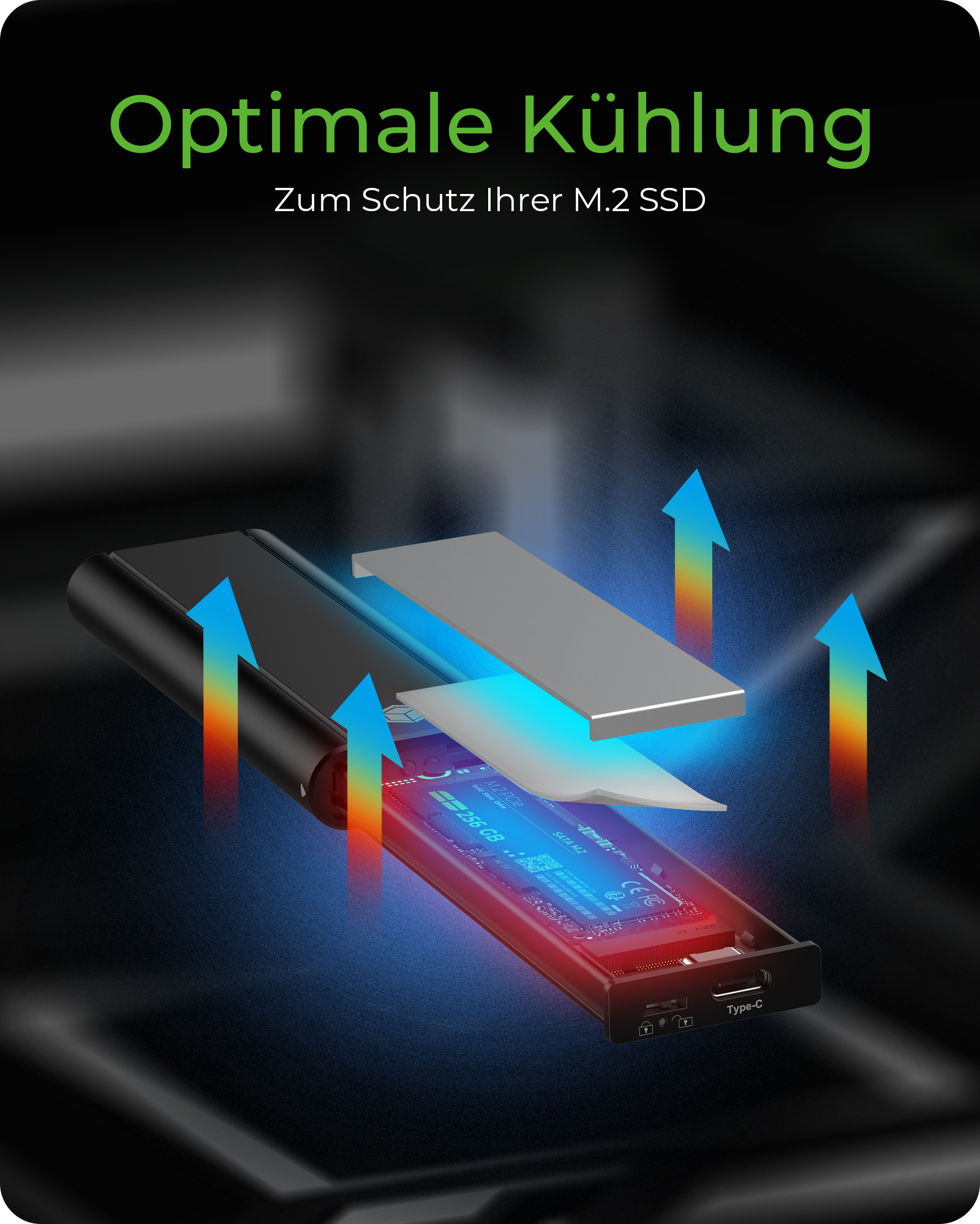 Gehäuse für 1x M.2 NVMe SSD USB 3.2 Gen 2 Type-C® Anschluss und Schreibschutz