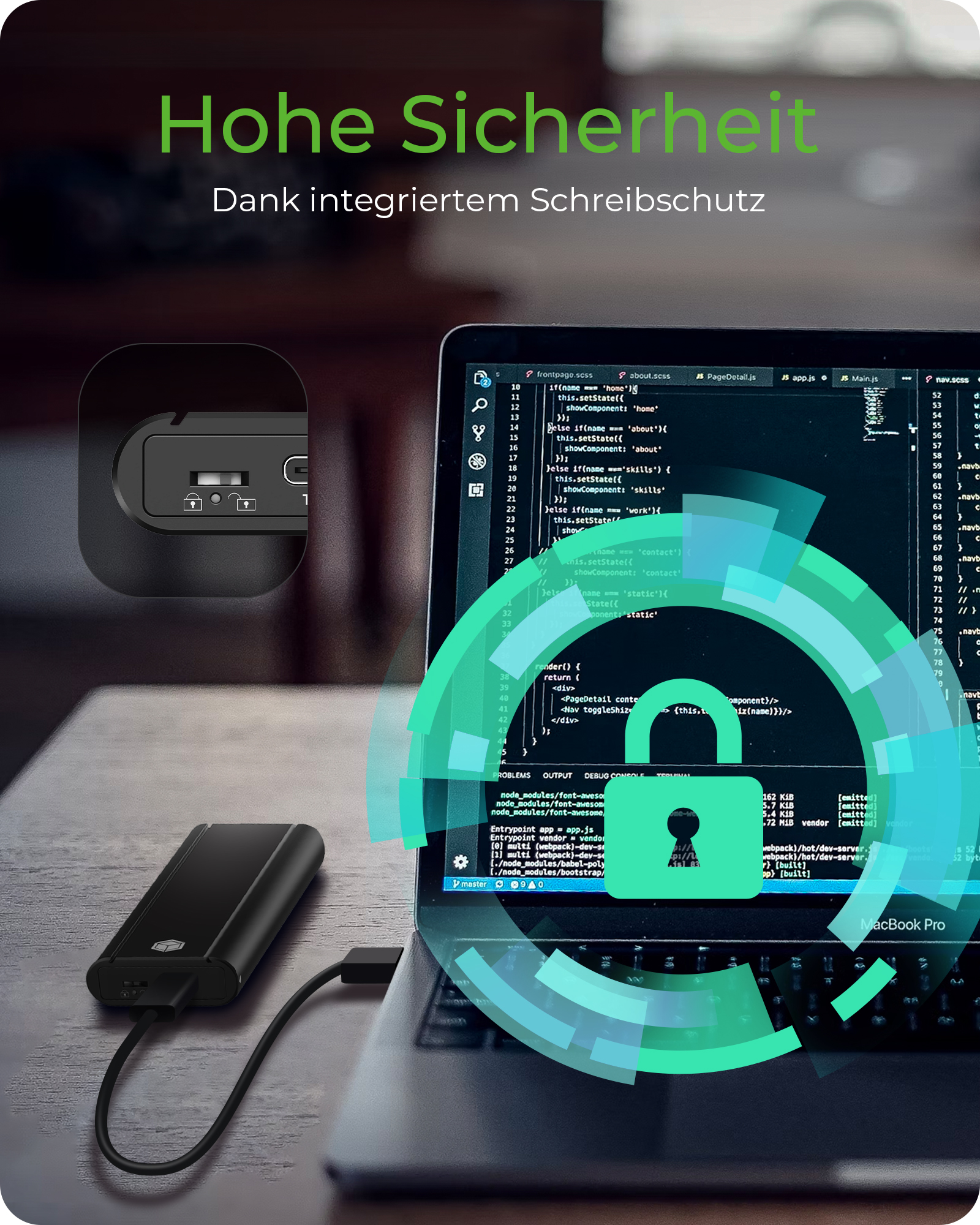 Gehäuse für 1x M.2 NVMe SSD USB 3.2 Gen 2 Type-C® Anschluss und Schreibschutz